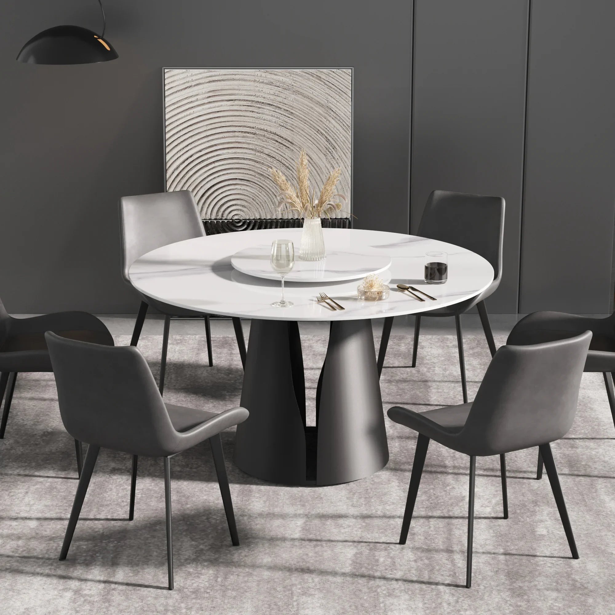 Table de salle à manger Marbella en pierre frittée | Ronde 53 cm, blanc brillant, avec plateau tournant Lazy Susan