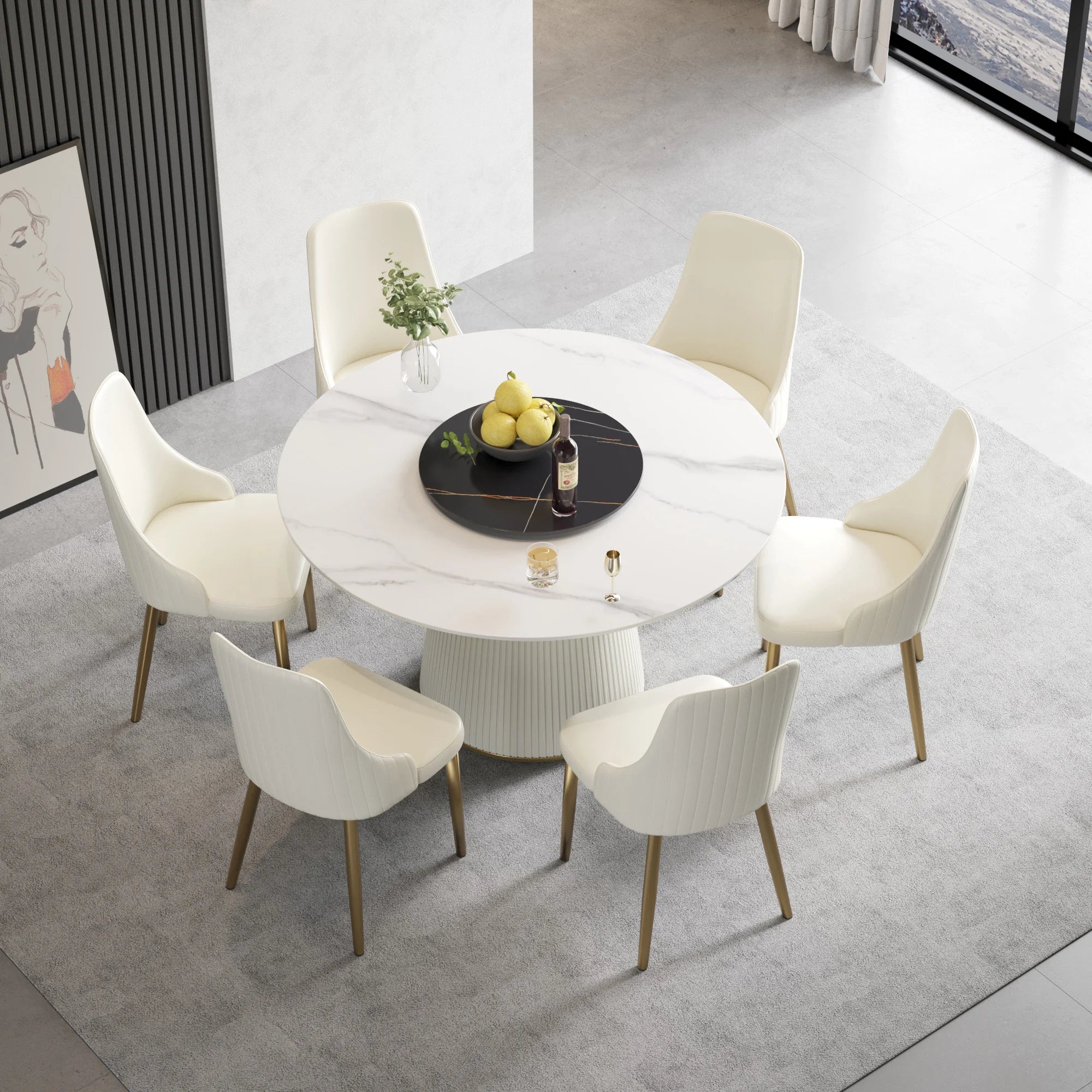 Table de salle à manger Marbella en pierre frittée | Ronde 53 cm, blanc brillant, avec plateau tournant Lazy Susan