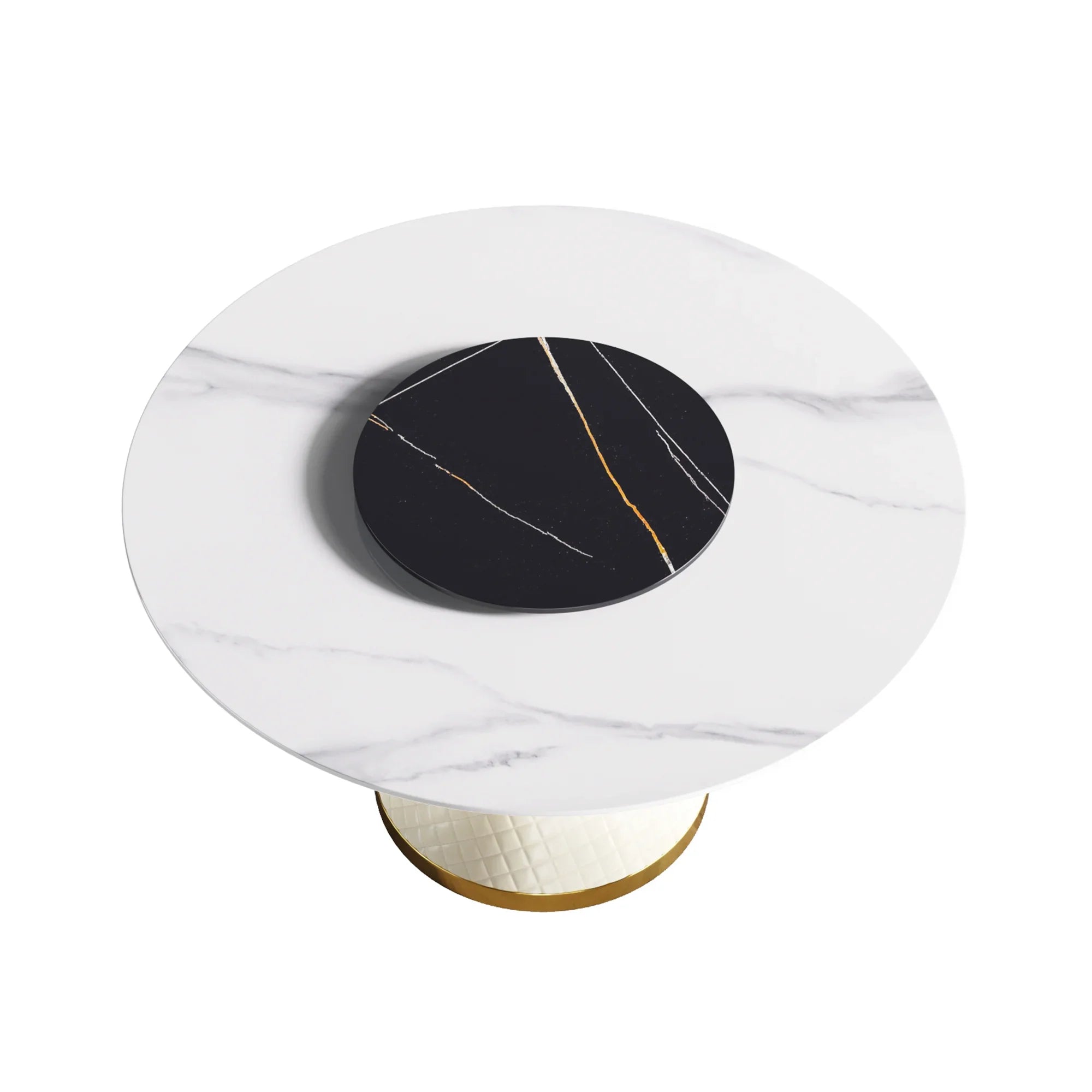 Table de salle à manger Marbella en pierre frittée | Ronde 53 cm, blanc brillant, avec plateau tournant Lazy Susan