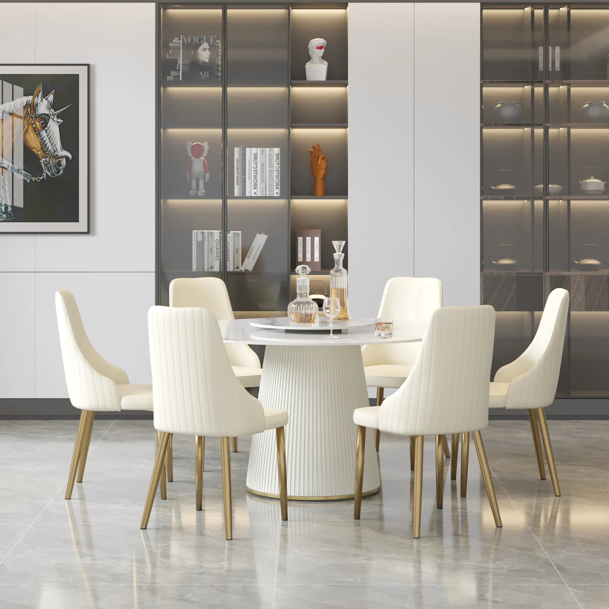 Table de salle à manger Marbella en pierre frittée | Ronde 53 cm, blanc brillant, avec plateau tournant Lazy Susan