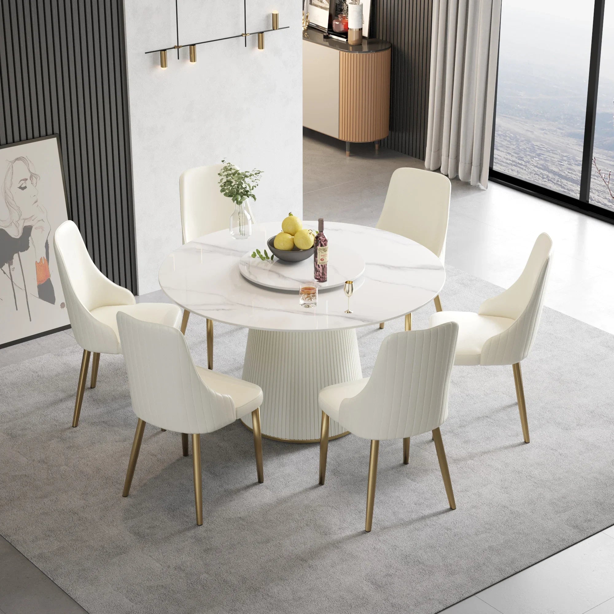 Table de salle à manger Marbella en pierre frittée | Ronde 53 cm, blanc brillant, avec plateau tournant Lazy Susan