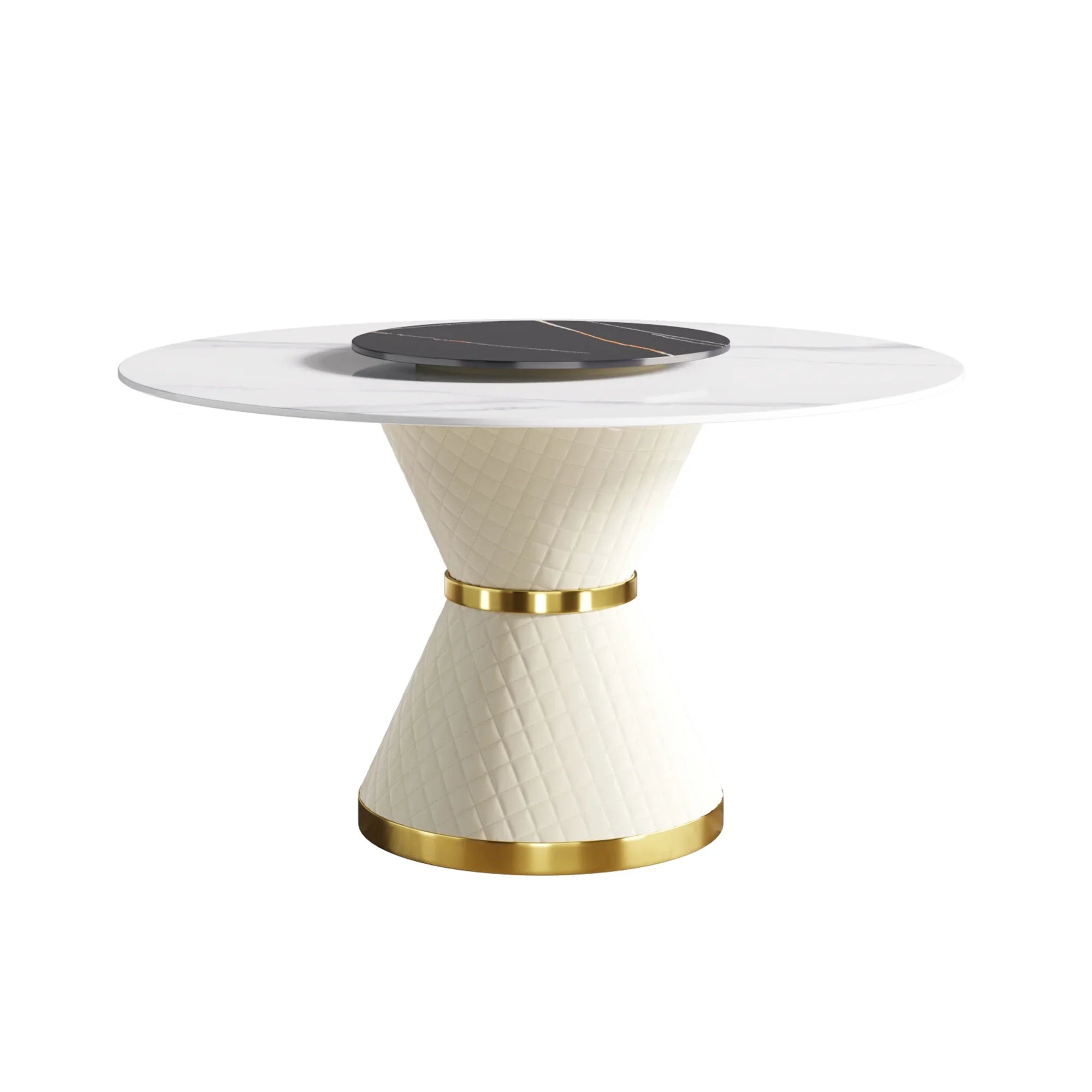 Table de salle à manger Marbella en pierre frittée | Ronde 53 cm, blanc brillant, avec plateau tournant Lazy Susan