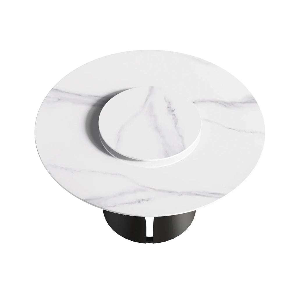 Table de salle à manger Marbella en pierre frittée | Ronde 53 cm, blanc brillant, avec plateau tournant Lazy Susan