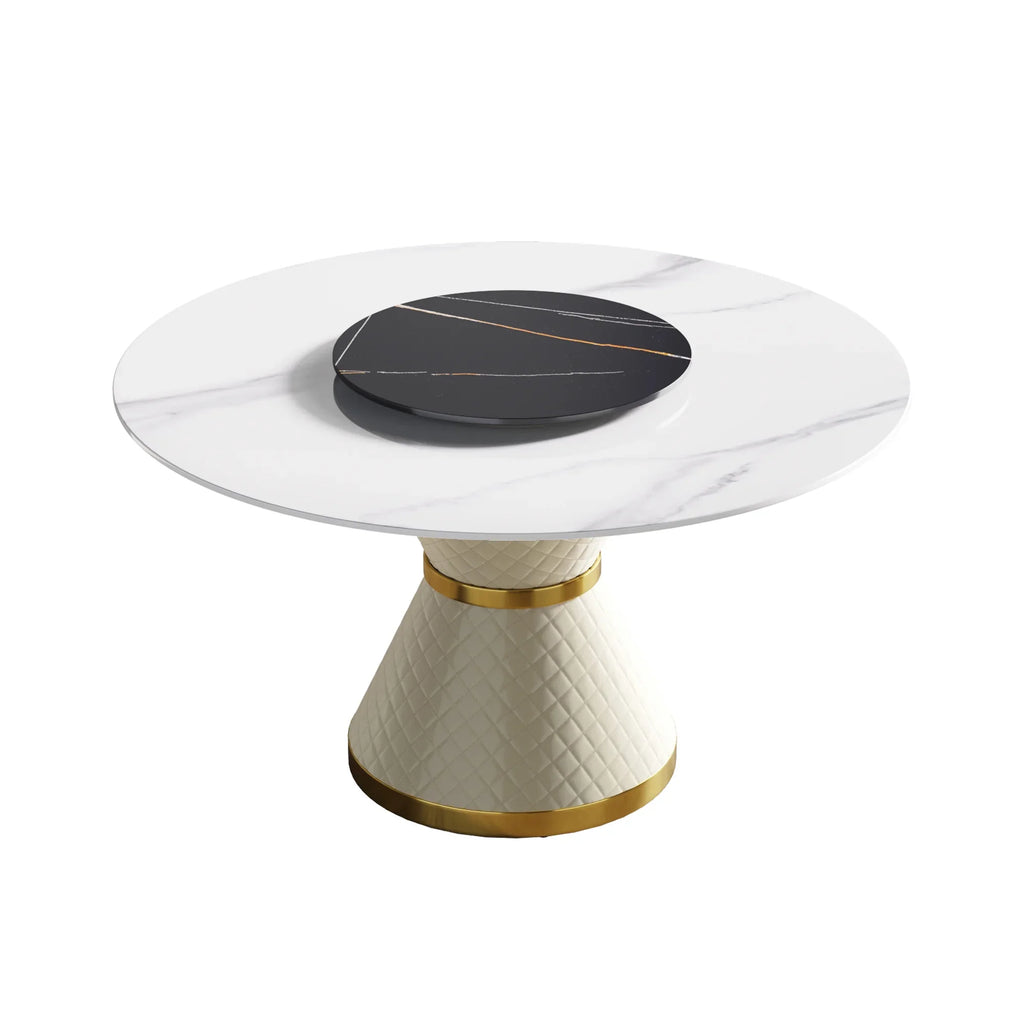 Table de salle à manger Marbella en pierre frittée | Ronde 53 cm, blanc brillant, avec plateau tournant Lazy Susan