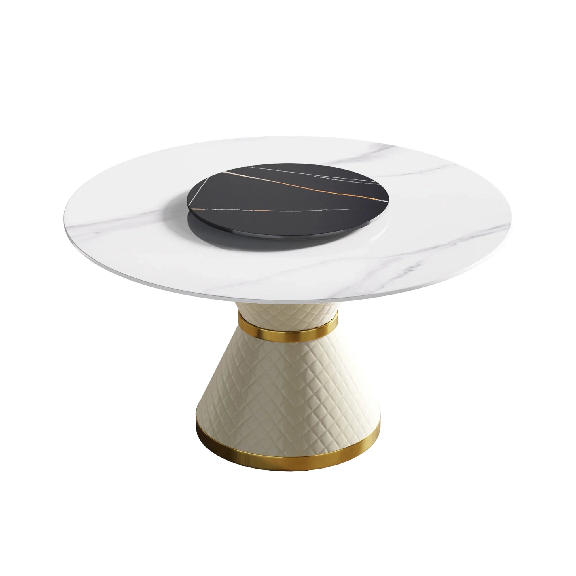 Table de salle à manger Marbella en pierre frittée | Ronde 53 cm, blanc brillant, avec plateau tournant Lazy Susan
