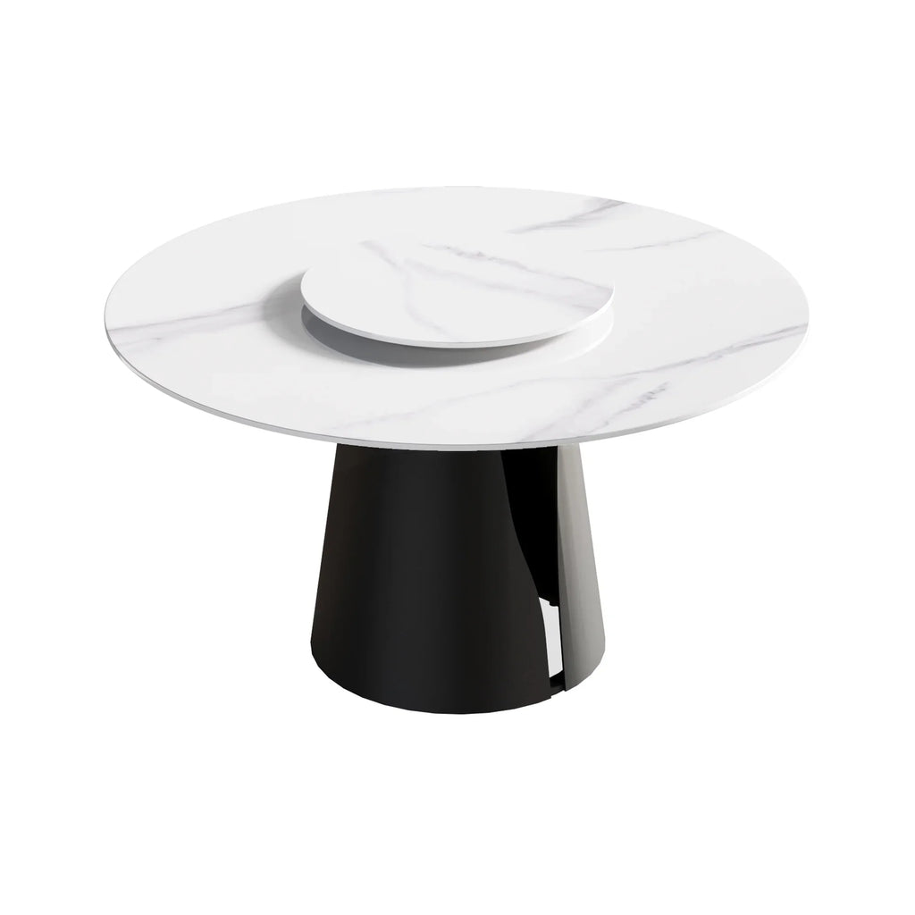 Table de salle à manger Marbella en pierre frittée | Ronde 53 cm, blanc brillant, avec plateau tournant Lazy Susan