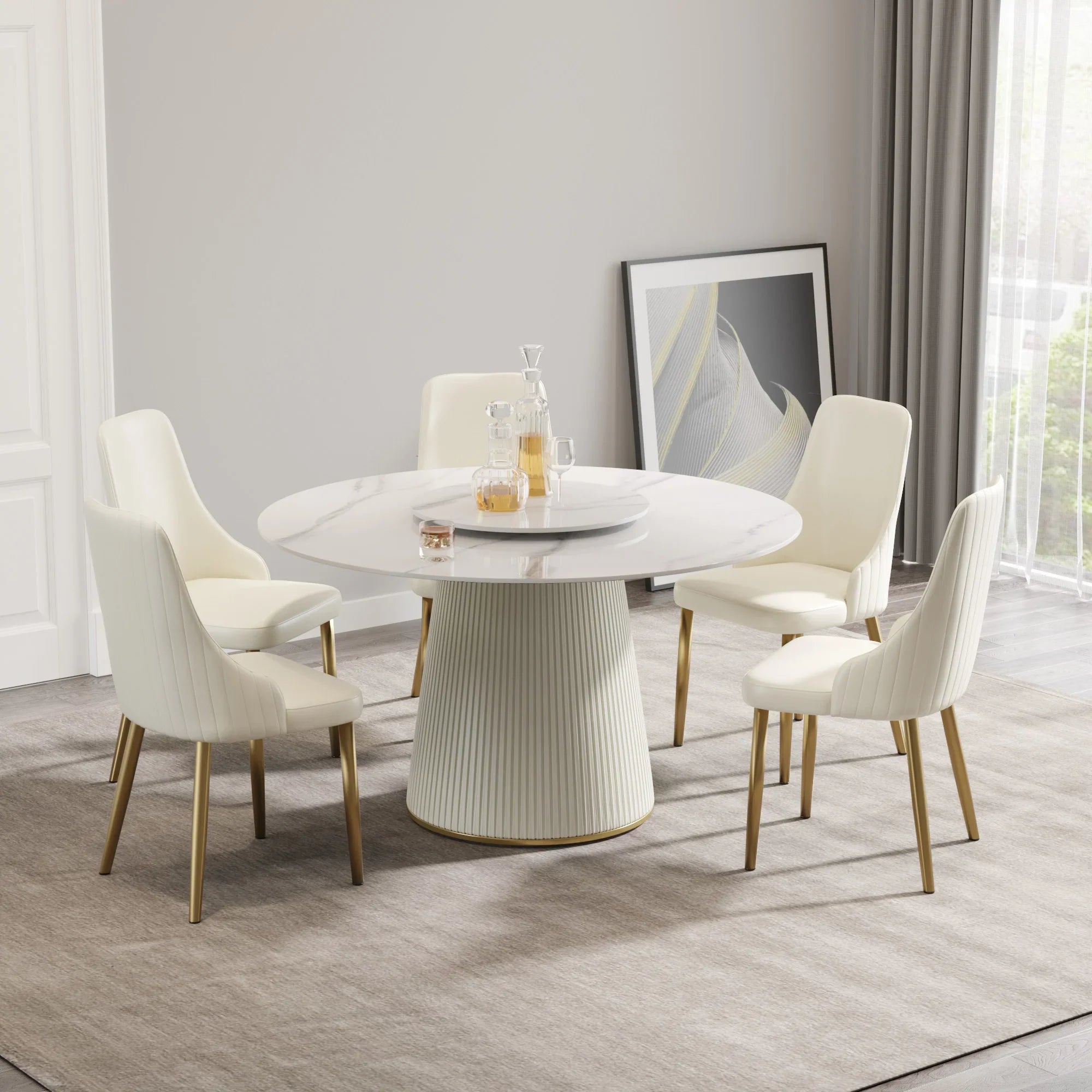 Table de salle à manger Marbella en pierre frittée | Ronde 53 cm, blanc brillant, avec plateau tournant Lazy Susan