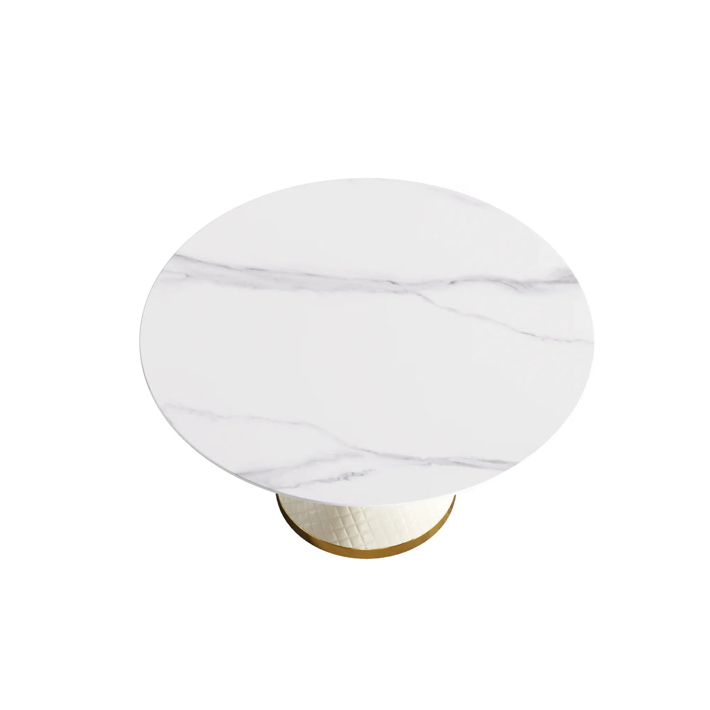 Table de salle à manger Marbella en pierre frittée | Ronde, 53 cm, blanc brillant, avec piètement recouvert de cuir