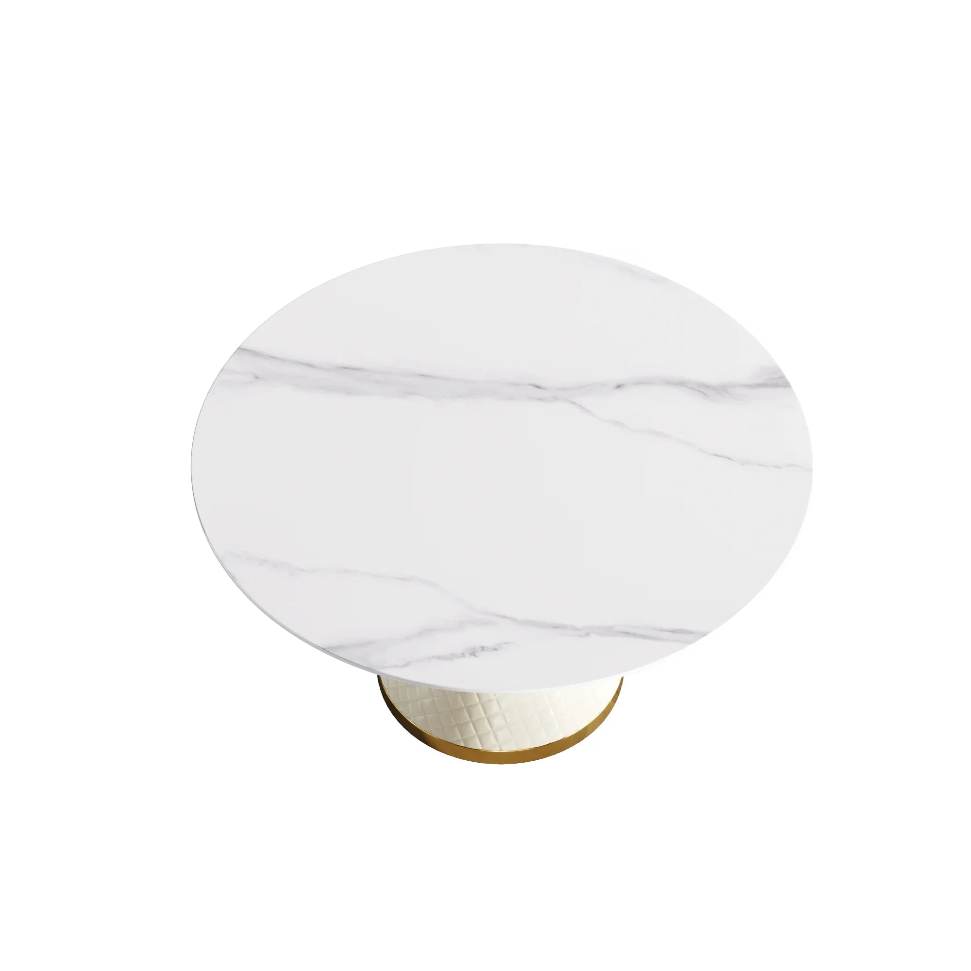 Table de salle à manger Marbella en pierre frittée | Ronde, 53 cm, blanc brillant, avec piètement recouvert de cuir