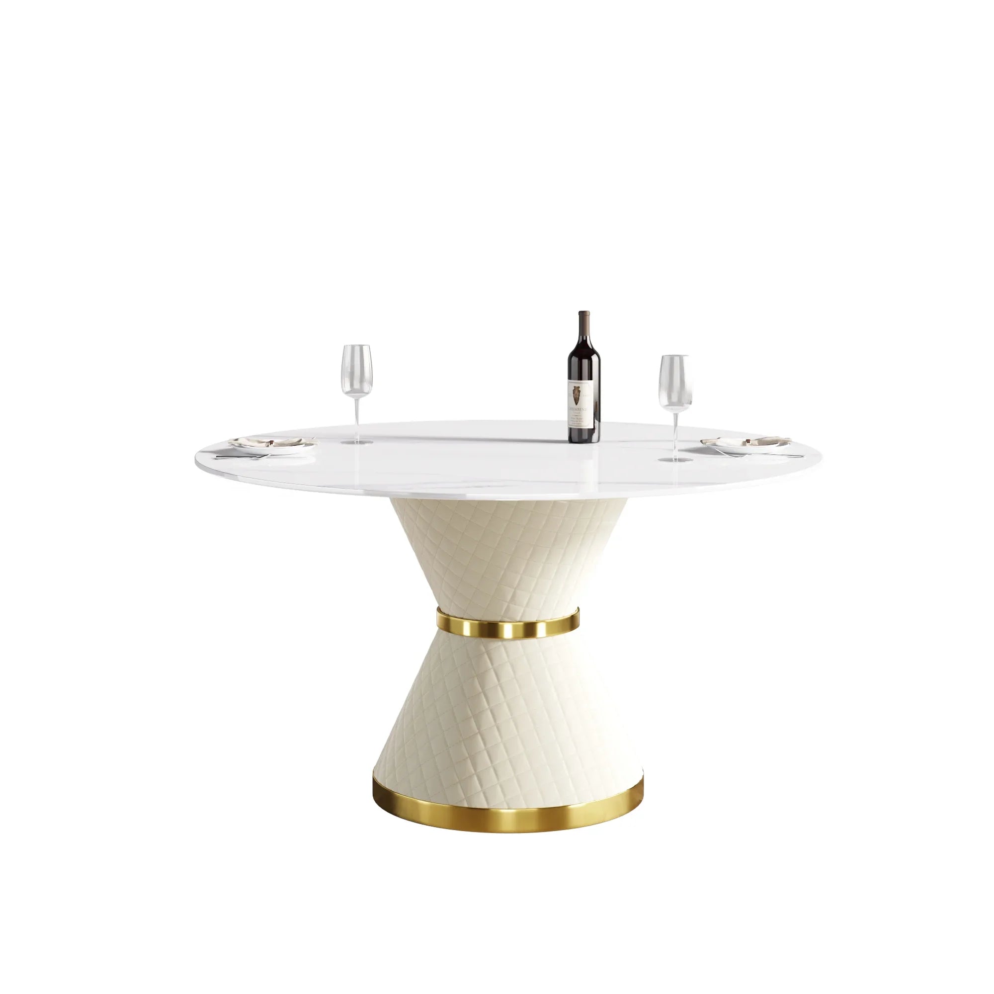 Table de salle à manger Marbella en pierre frittée | Ronde, 53 cm, blanc brillant, avec piètement recouvert de cuir