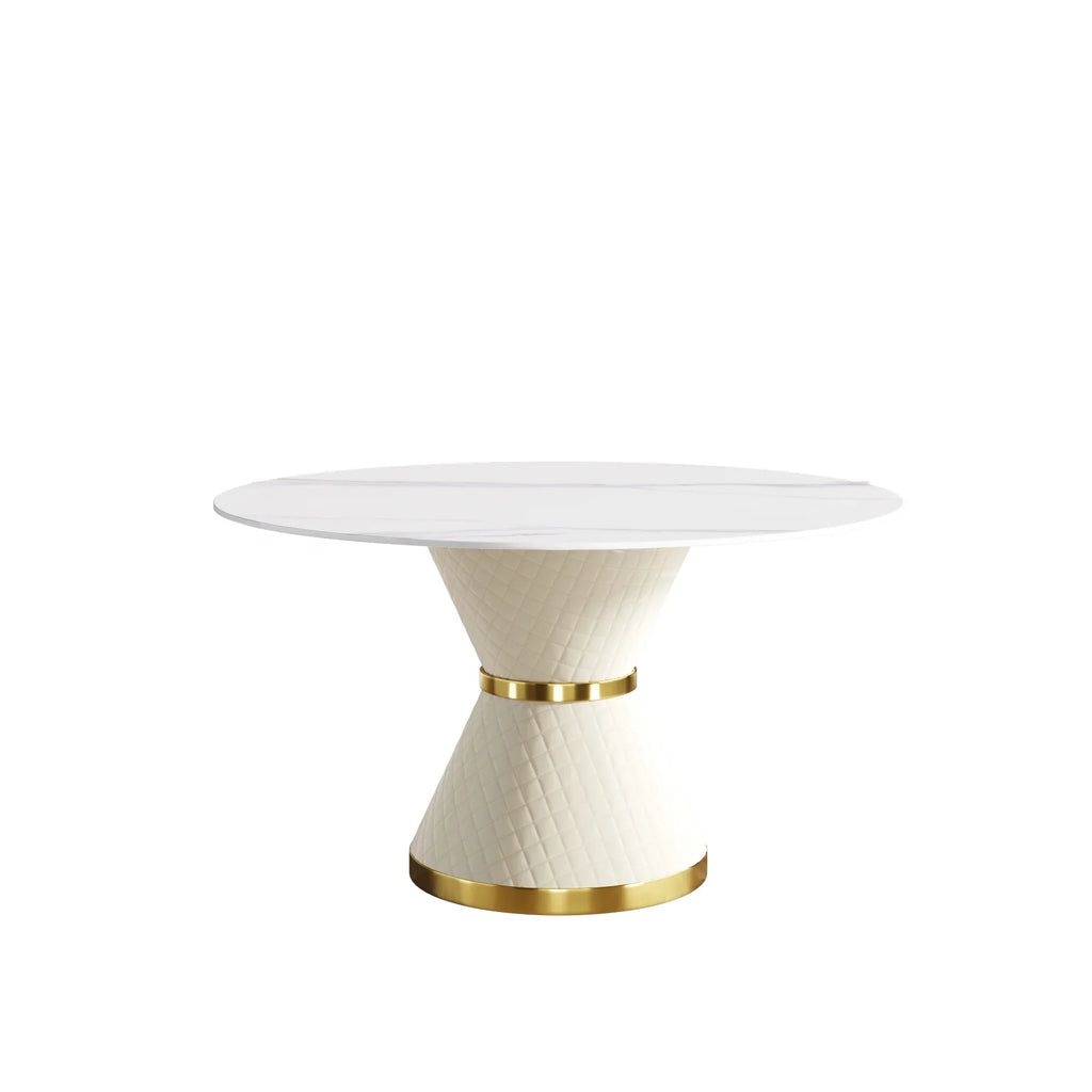 Table de salle à manger Marbella en pierre frittée | Ronde, 53 cm, blanc brillant, avec piètement recouvert de cuir