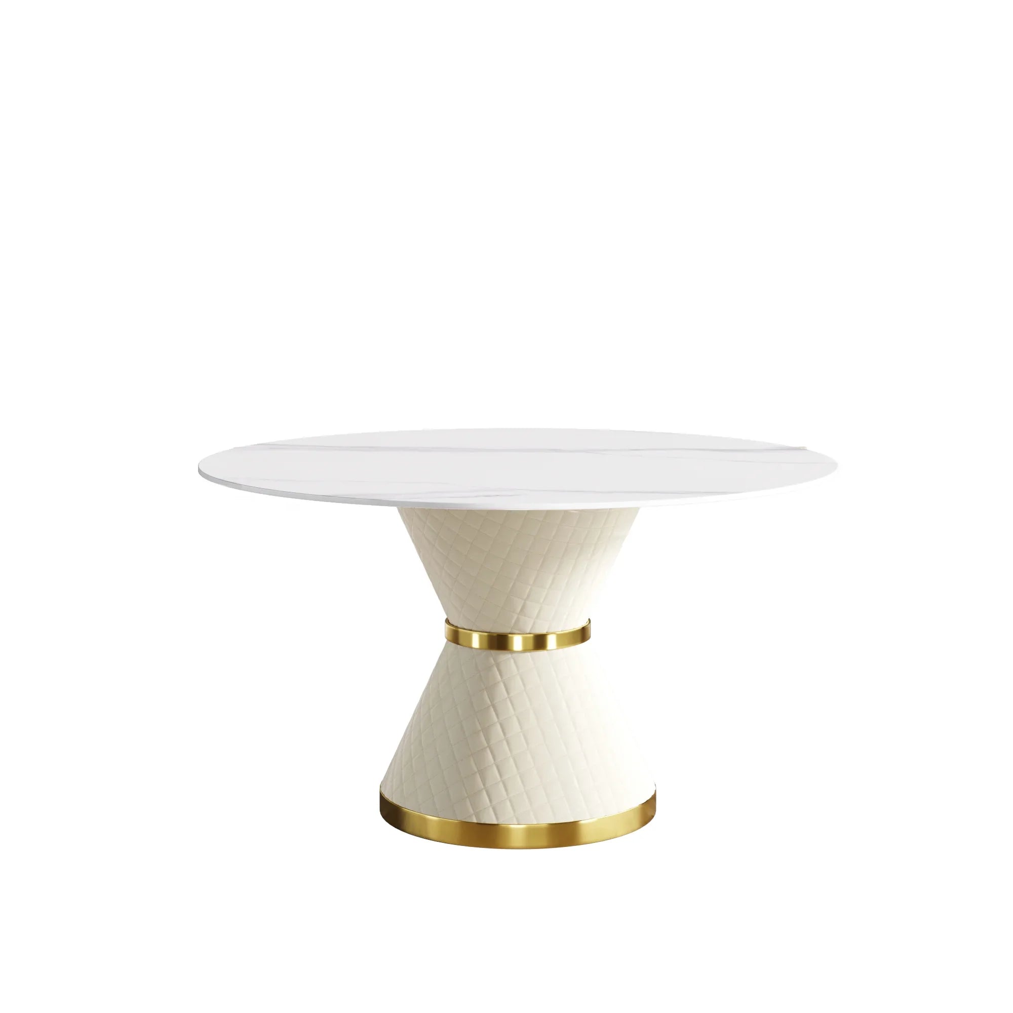 Table de salle à manger Marbella en pierre frittée | Ronde, 53 cm, blanc brillant, avec piètement recouvert de cuir
