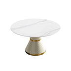 Table de salle à manger Marbella en pierre frittée | Ronde, 53 cm, blanc brillant, avec piètement recouvert de cuir