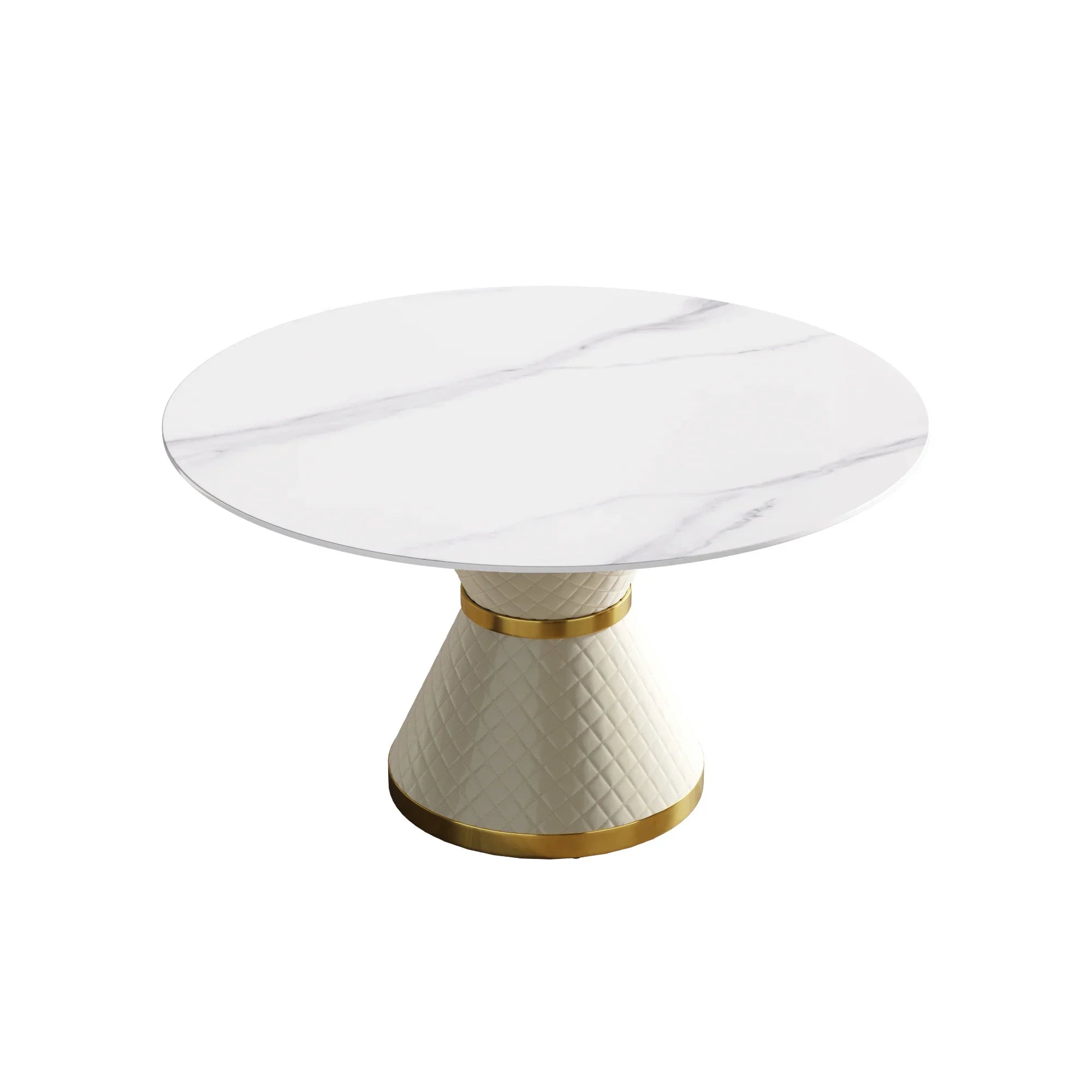 Table de salle à manger Marbella en pierre frittée | Ronde, 53 cm, blanc brillant, avec piètement recouvert de cuir