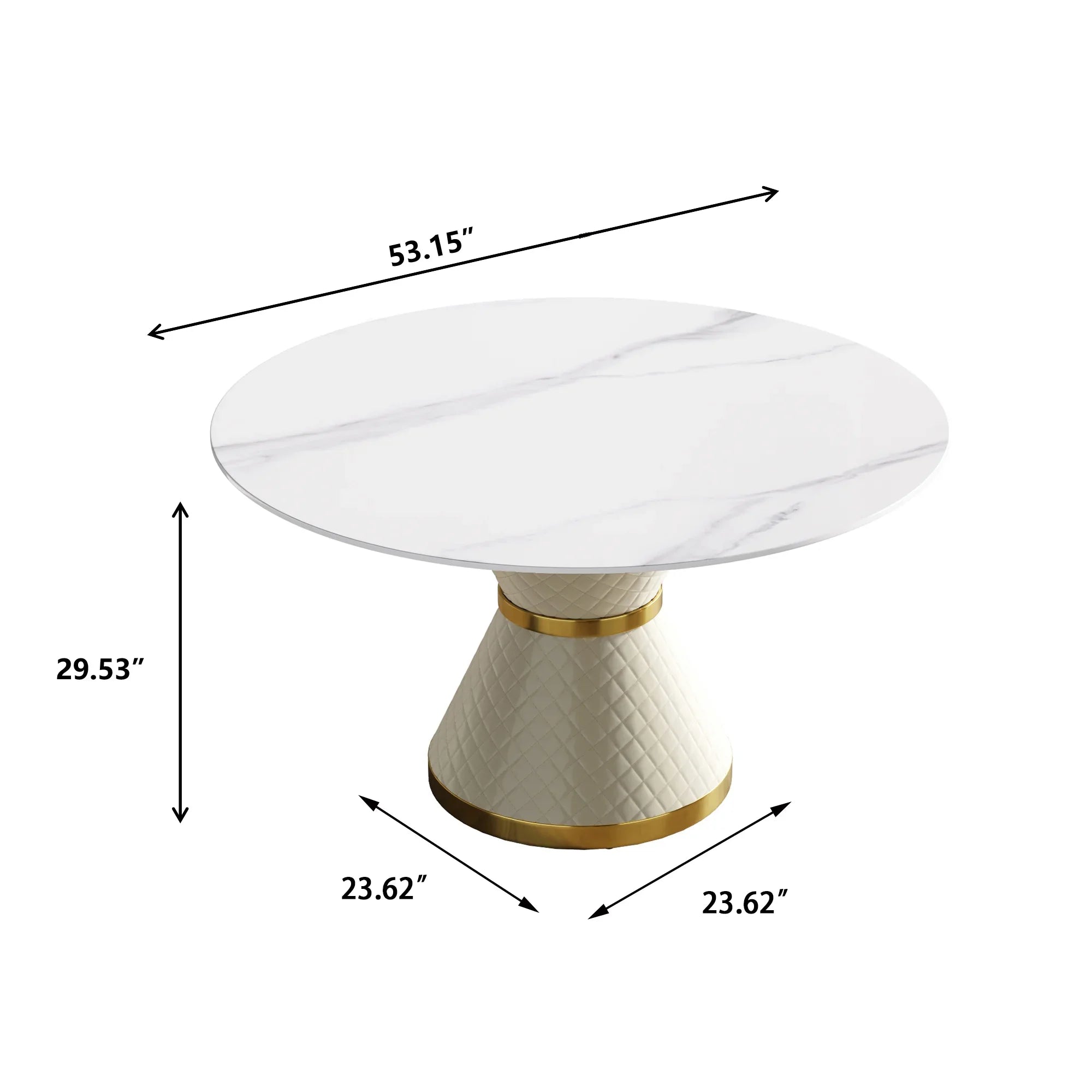 Table de salle à manger Marbella en pierre frittée | Ronde, 53 cm, blanc brillant, avec piètement recouvert de cuir