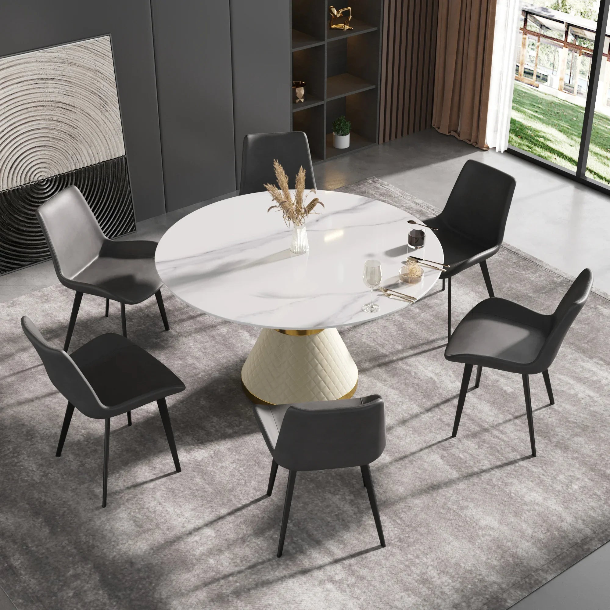 Table de salle à manger Marbella en pierre frittée | Ronde, 53 cm, blanc brillant, avec piètement recouvert de cuir