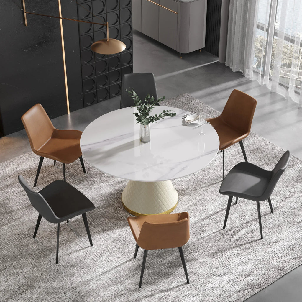 Table de salle à manger Marbella en pierre frittée | Ronde, 53 cm, blanc brillant, avec piètement recouvert de cuir
