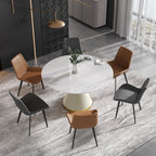 Table de salle à manger Marbella en pierre frittée | Ronde, 53 cm, blanc brillant, avec piètement recouvert de cuir