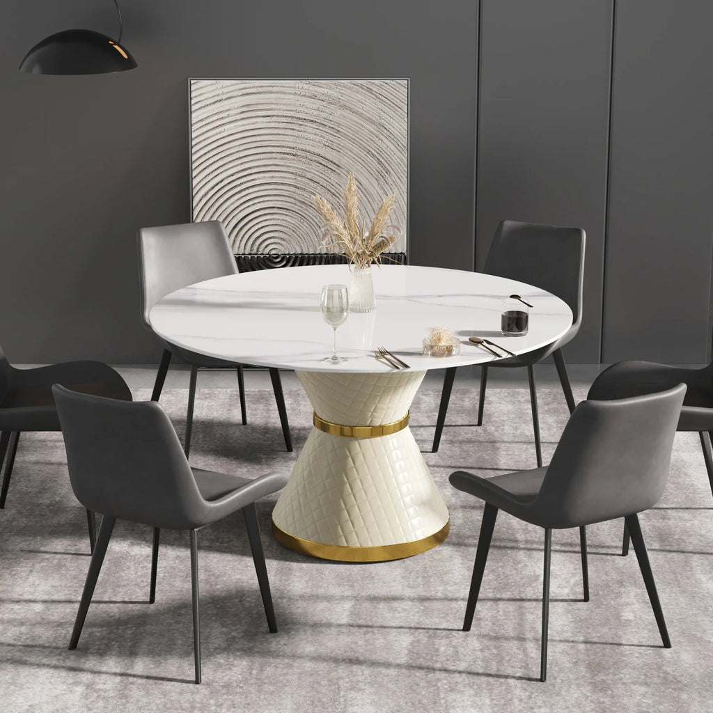 Table de salle à manger Marbella en pierre frittée | Ronde, 53 cm, blanc brillant, avec piètement recouvert de cuir