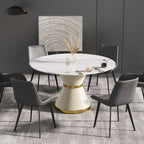 Table de salle à manger Marbella en pierre frittée | Ronde, 53 cm, blanc brillant, avec piètement recouvert de cuir