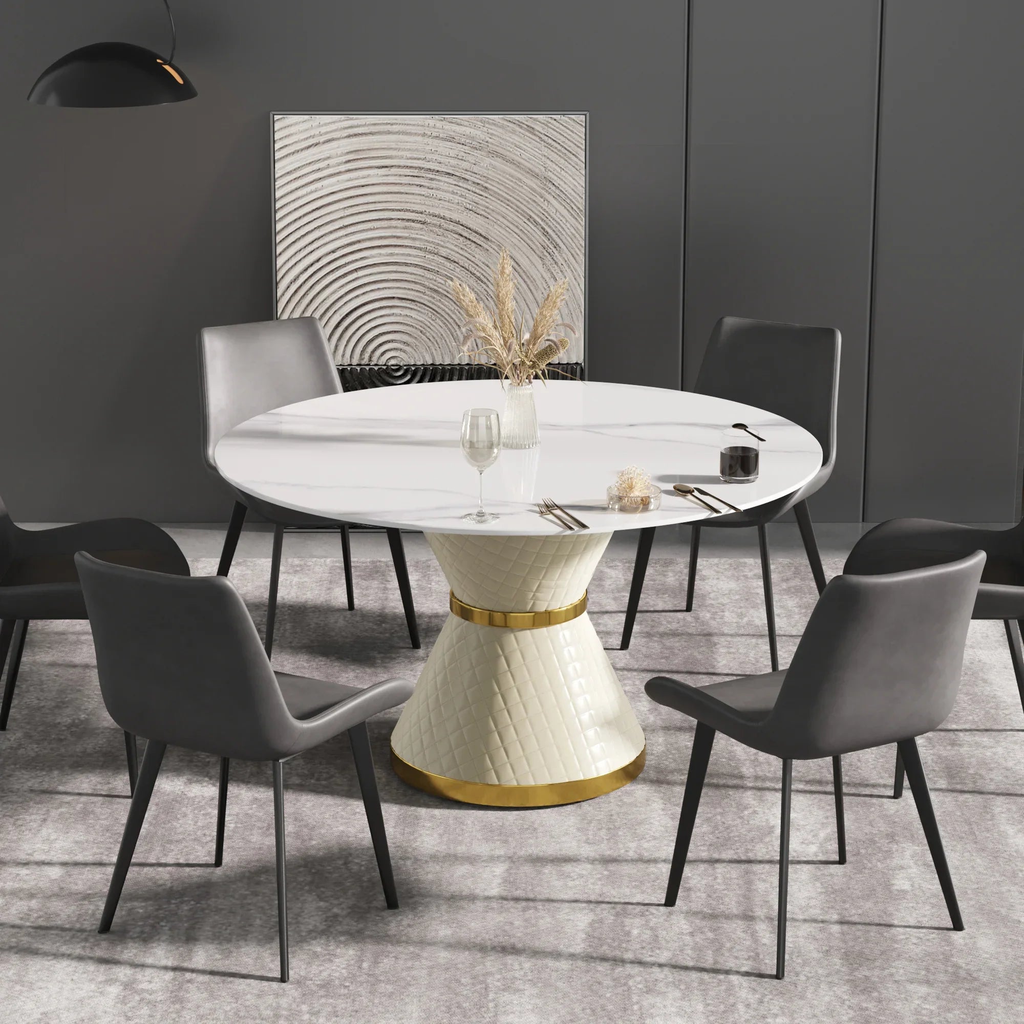 Table de salle à manger Marbella en pierre frittée | Ronde, 53 cm, blanc brillant, avec piètement recouvert de cuir