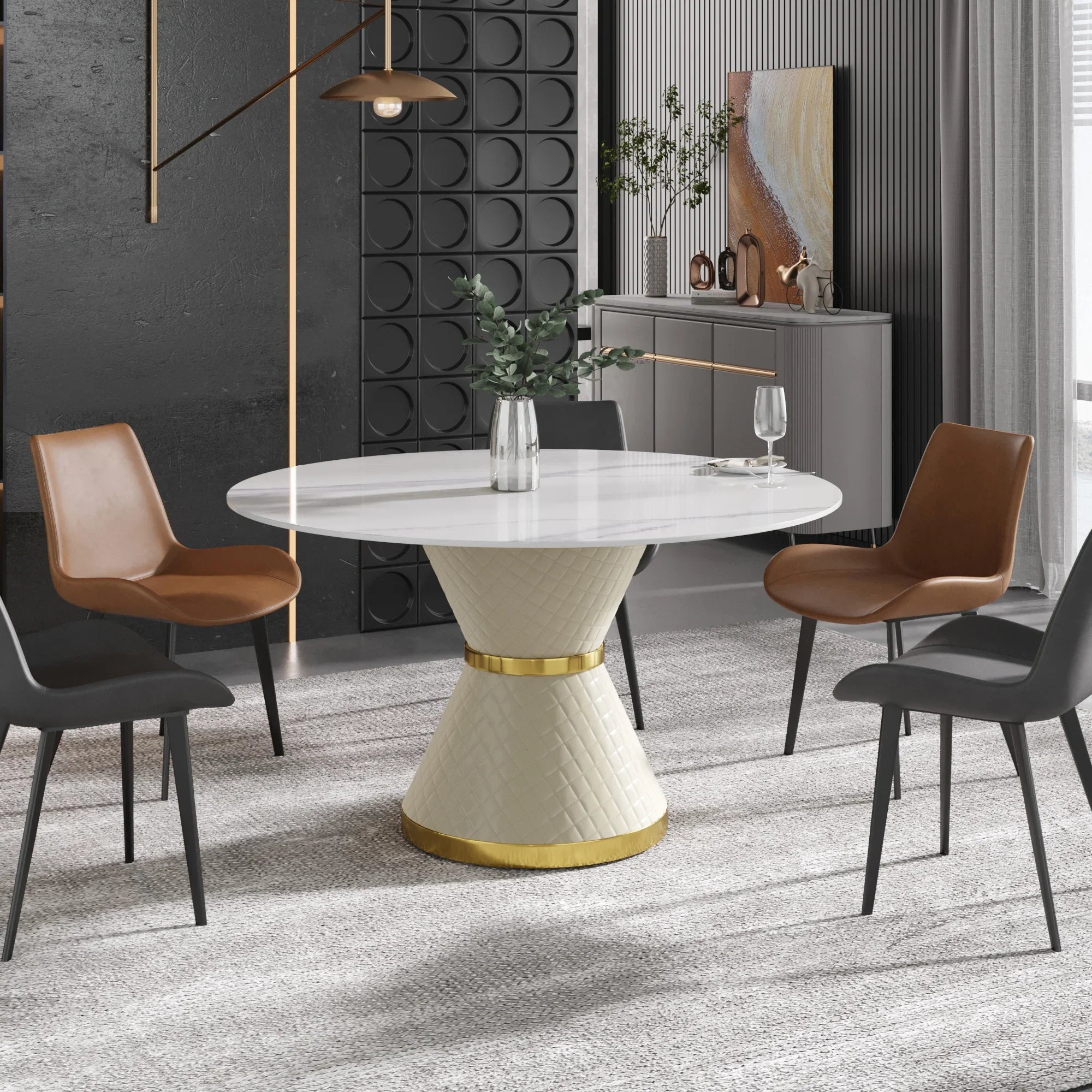Table de salle à manger Marbella en pierre frittée | Ronde, 53 cm, blanc brillant, avec piètement recouvert de cuir