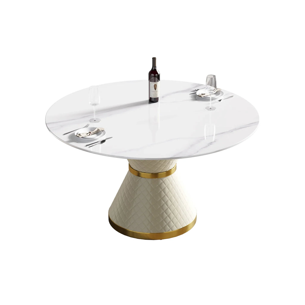 Table de salle à manger Marbella en pierre frittée | Ronde, 53 cm, blanc brillant, avec piètement recouvert de cuir