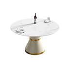 Table de salle à manger Marbella en pierre frittée | Ronde, 53 cm, blanc brillant, avec piètement recouvert de cuir