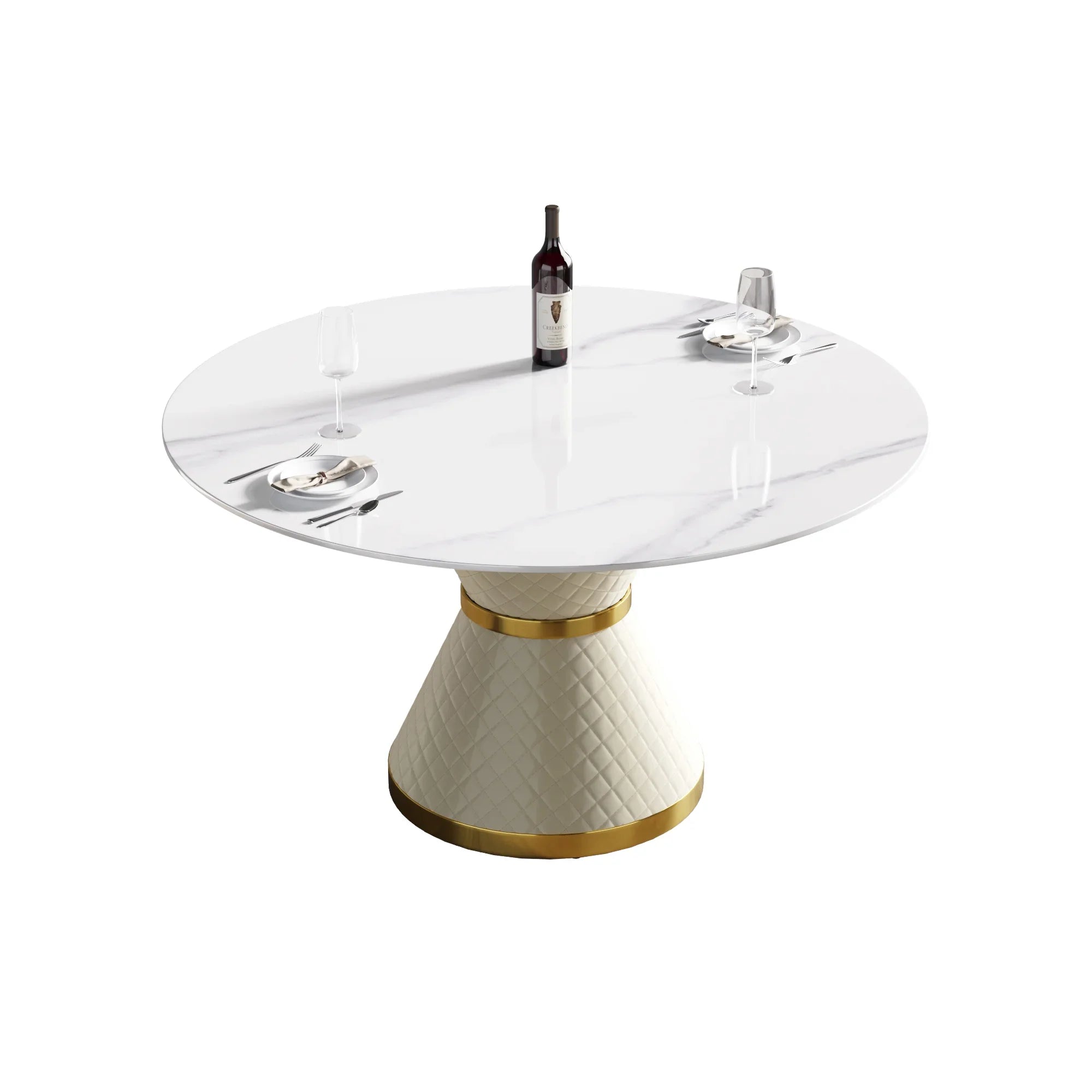 Table de salle à manger Marbella en pierre frittée | Ronde, 53 cm, blanc brillant, avec piètement recouvert de cuir