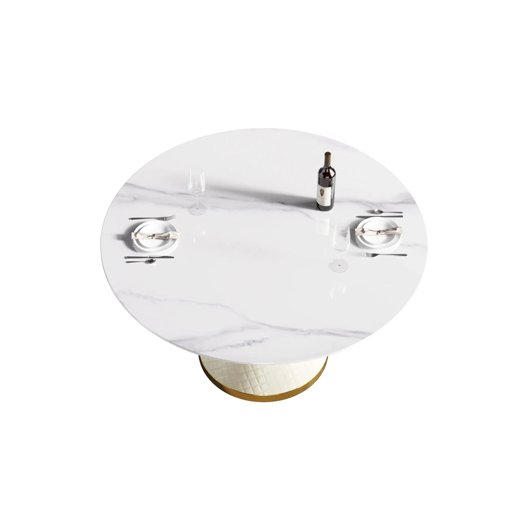 Table de salle à manger Marbella en pierre frittée | Ronde, 53 cm, blanc brillant, avec piètement recouvert de cuir