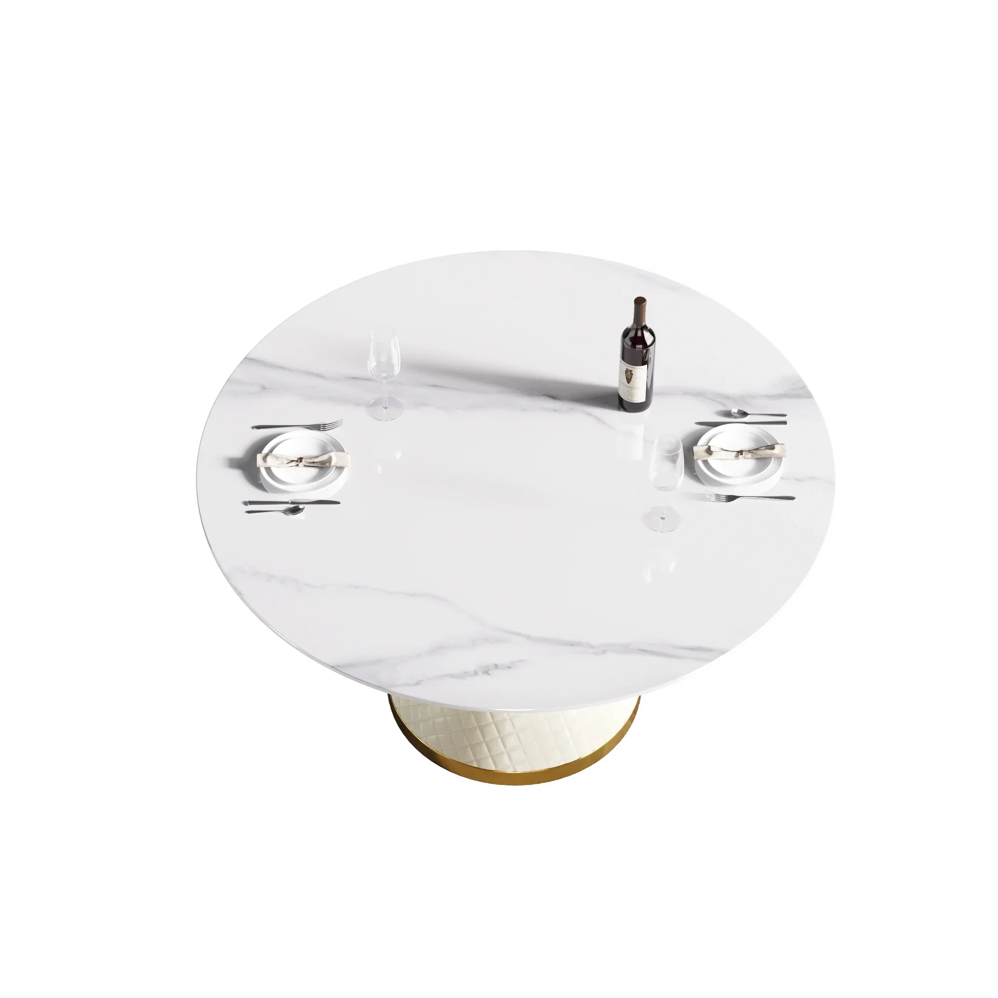 Table de salle à manger Marbella en pierre frittée | Ronde, 53 cm, blanc brillant, avec piètement recouvert de cuir