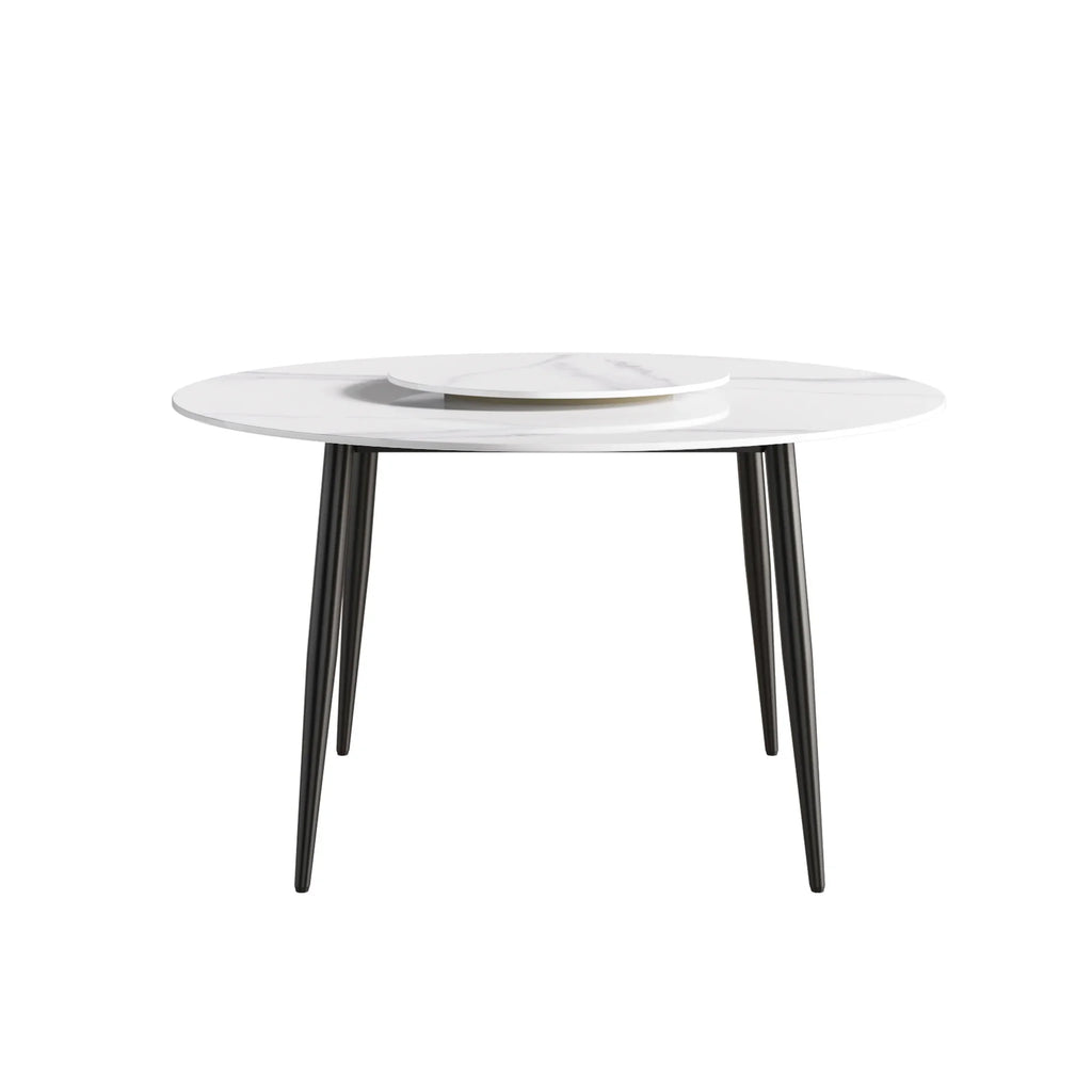 Table de salle à manger Marbella en pierre frittée | Ronde, 53 cm, blanc brillant, avec piètement en métal et plateau tournant