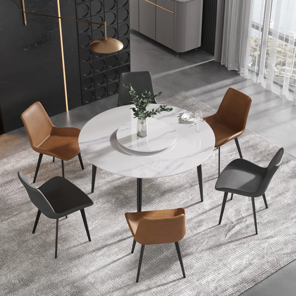 Table de salle à manger Marbella en pierre frittée | Ronde, 53 cm, blanc brillant, avec piètement en métal et plateau tournant