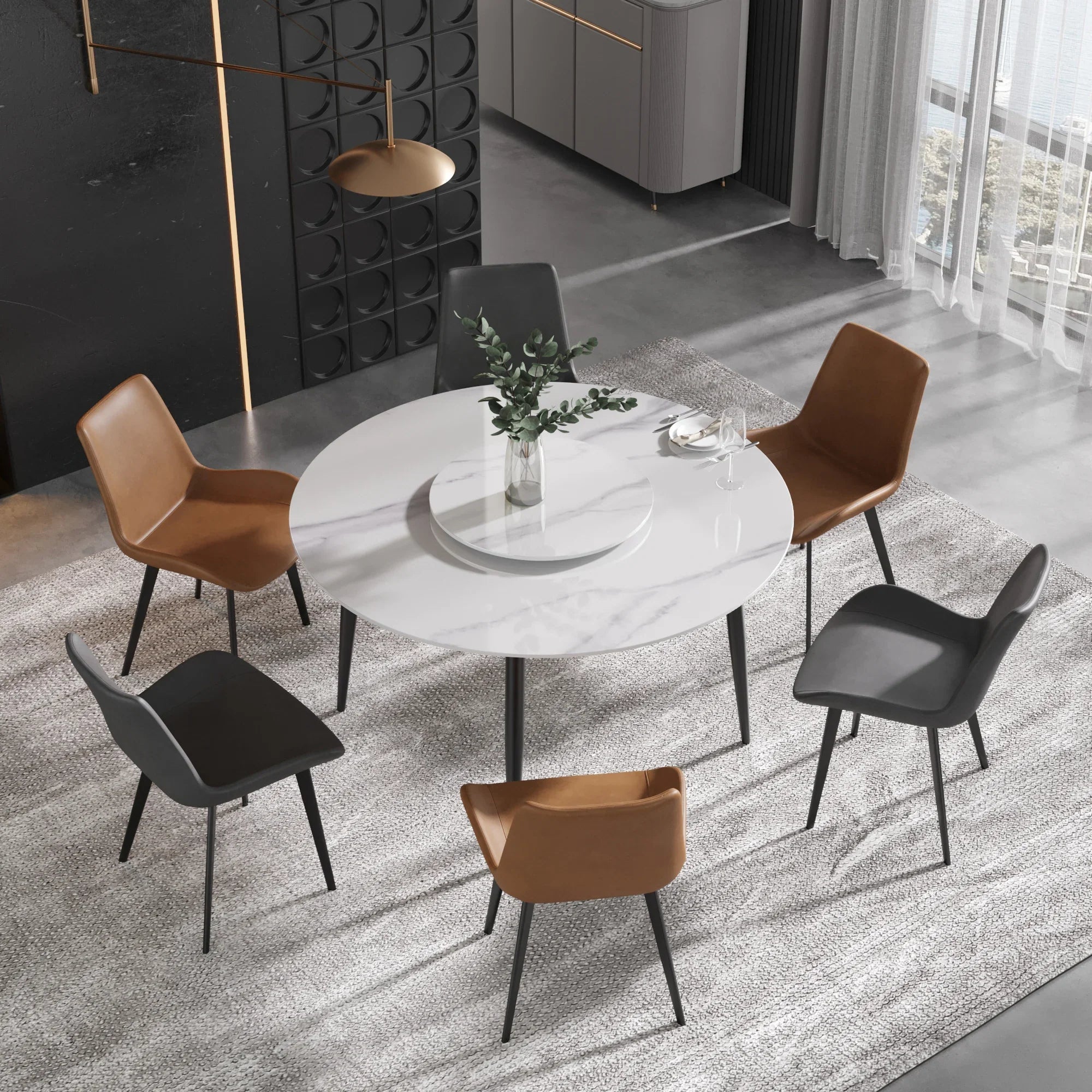 Table de salle à manger Marbella en pierre frittée | Ronde, 53 cm, blanc brillant, avec piètement en métal et plateau tournant