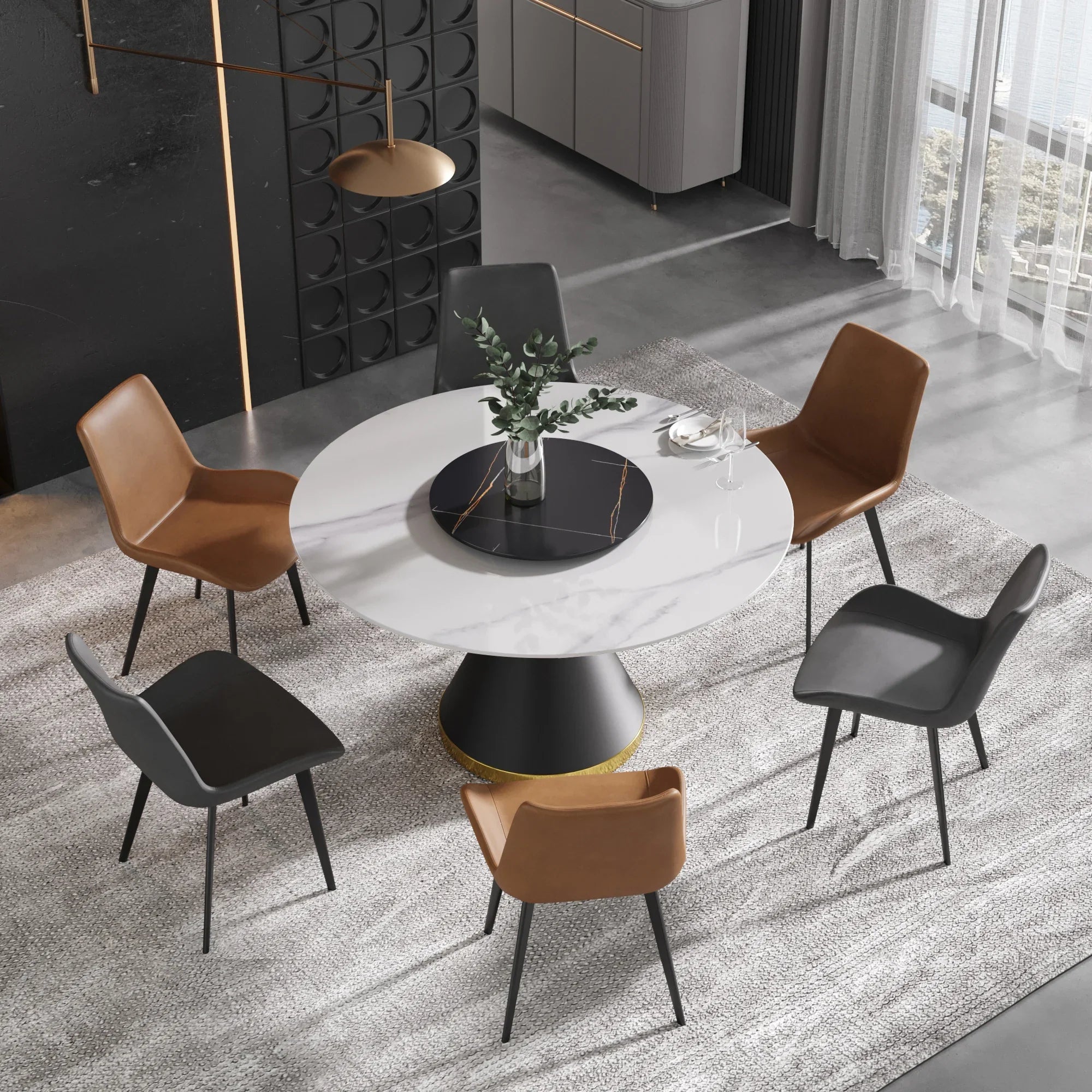 Table de salle à manger Marbella en pierre frittée | Ronde, 53 cm, blanc brillant, avec piètement en métal et plateau tournant