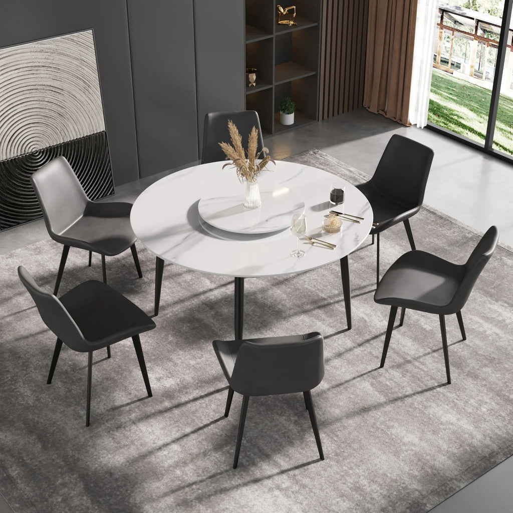 Table de salle à manger Marbella en pierre frittée | Ronde, 53 cm, blanc brillant, avec piètement en métal et plateau tournant