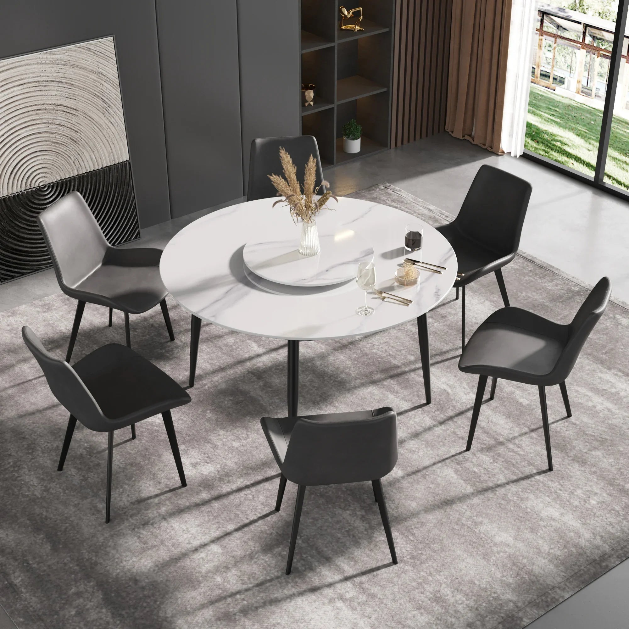 Table de salle à manger Marbella en pierre frittée | Ronde, 53 cm, blanc brillant, avec piètement en métal et plateau tournant