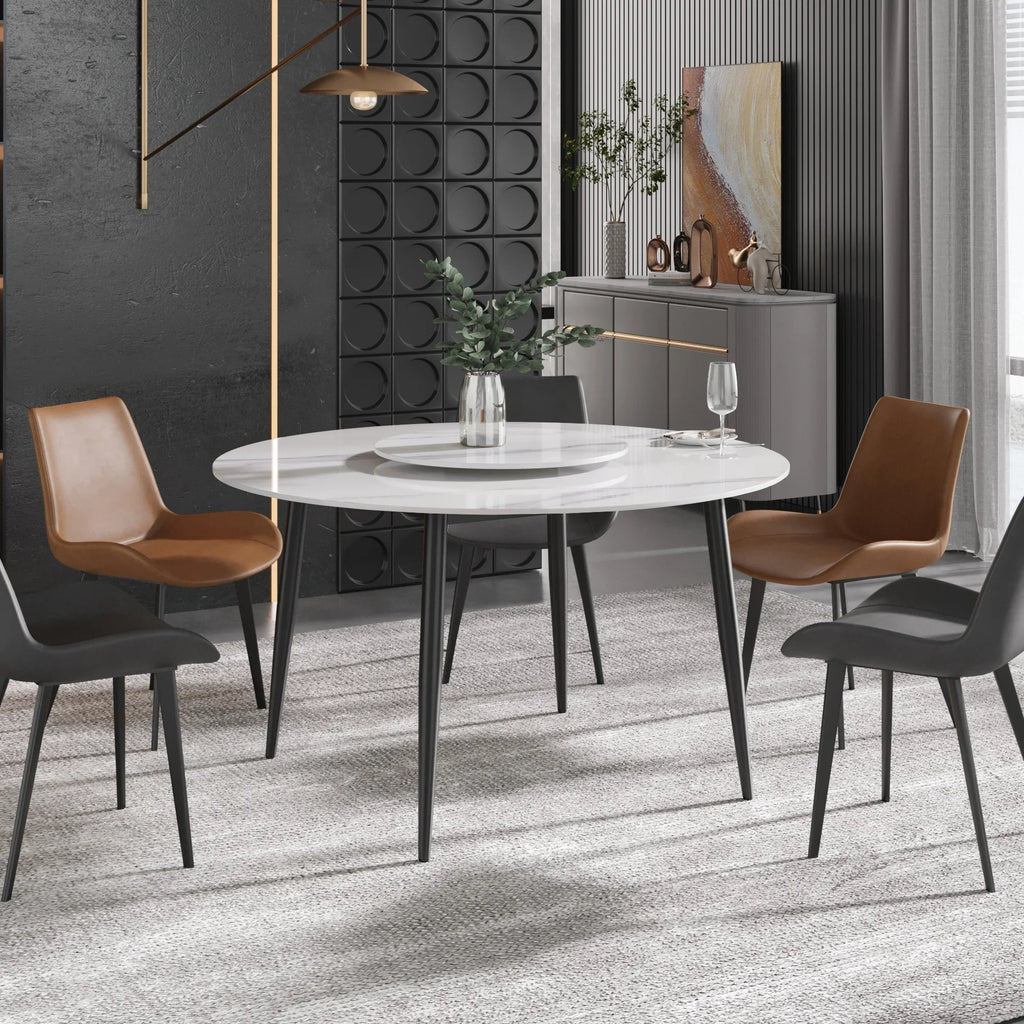 Table de salle à manger Marbella en pierre frittée | Ronde, 53 cm, blanc brillant, avec piètement en métal et plateau tournant