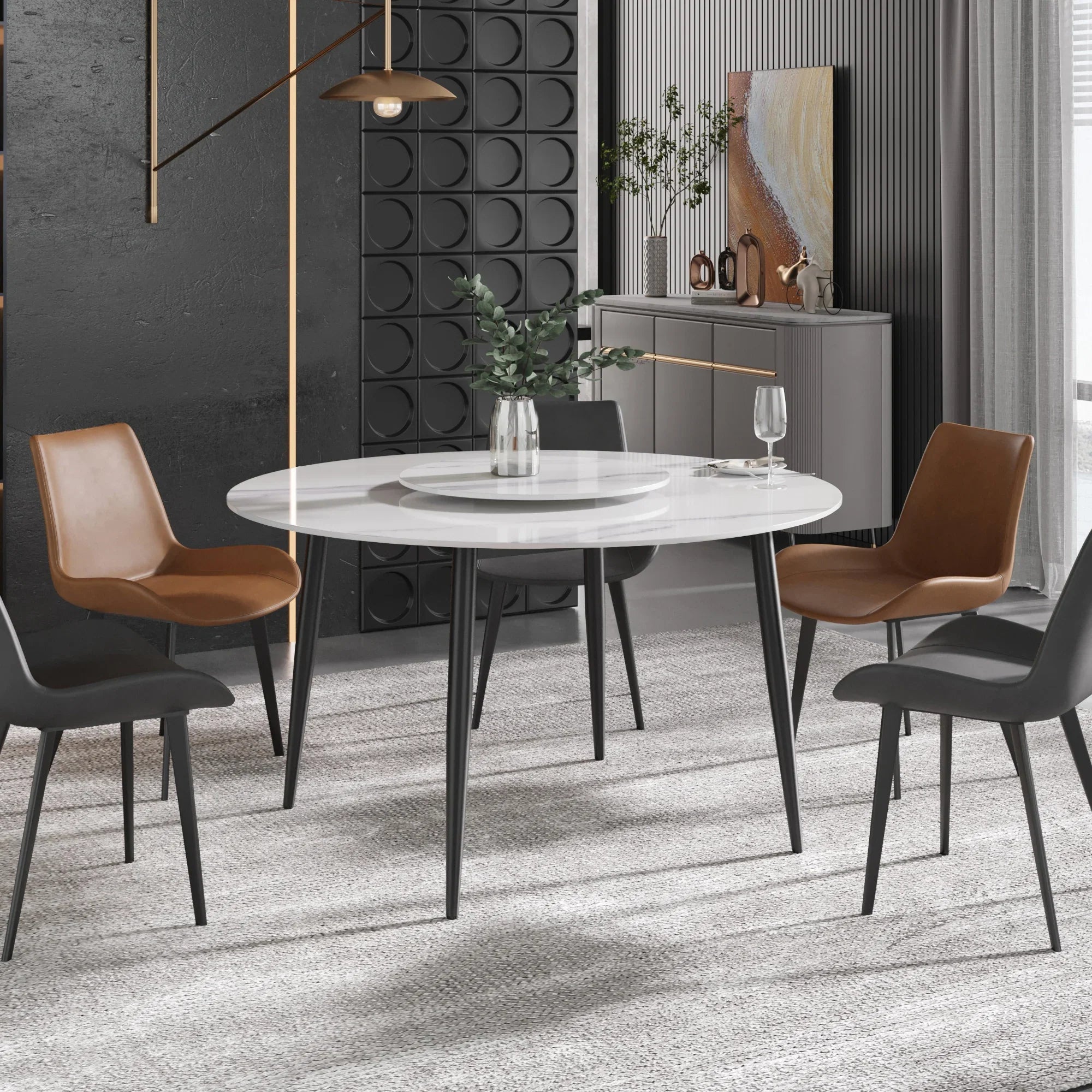 Table de salle à manger Marbella en pierre frittée | Ronde, 53 cm, blanc brillant, avec piètement en métal et plateau tournant