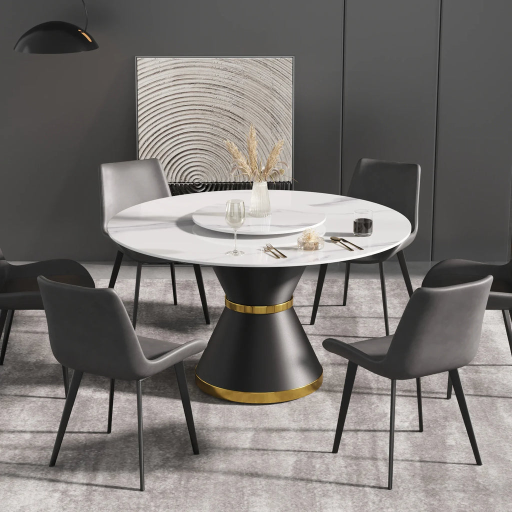 Table de salle à manger Marbella en pierre frittée | Ronde, 53 cm, blanc brillant, avec piètement en métal et plateau tournant