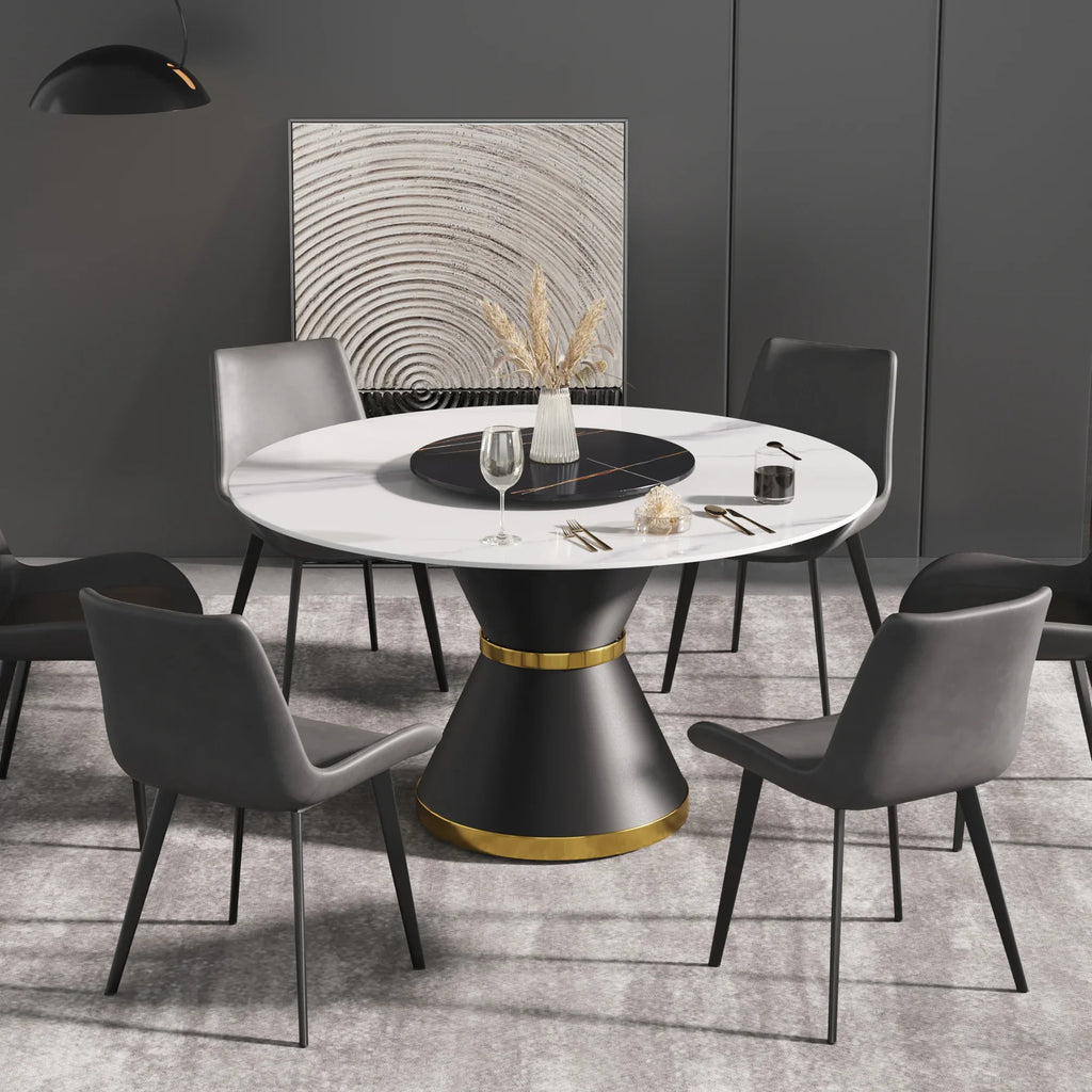 Table de salle à manger Marbella en pierre frittée | Ronde, 53 cm, blanc brillant, avec piètement en métal et plateau tournant
