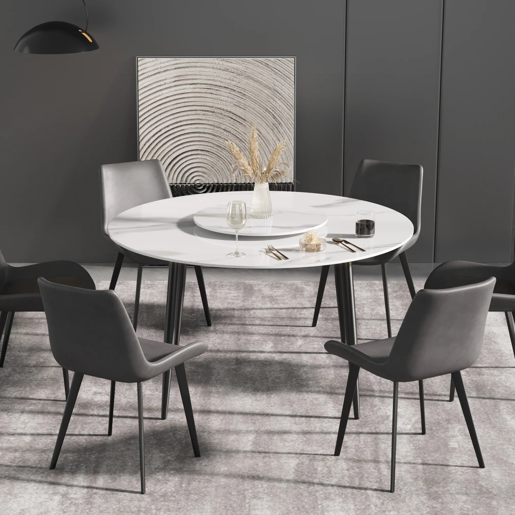 Table de salle à manger Marbella en pierre frittée | Ronde, 53 cm, blanc brillant, avec piètement en métal et plateau tournant