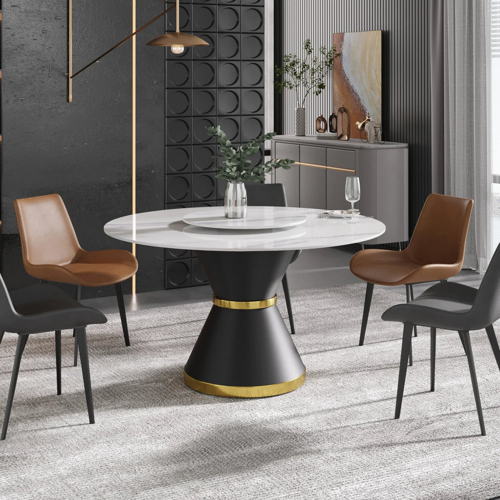 Table de salle à manger Marbella en pierre frittée | Ronde, 53 cm, blanc brillant, avec piètement en métal et plateau tournant