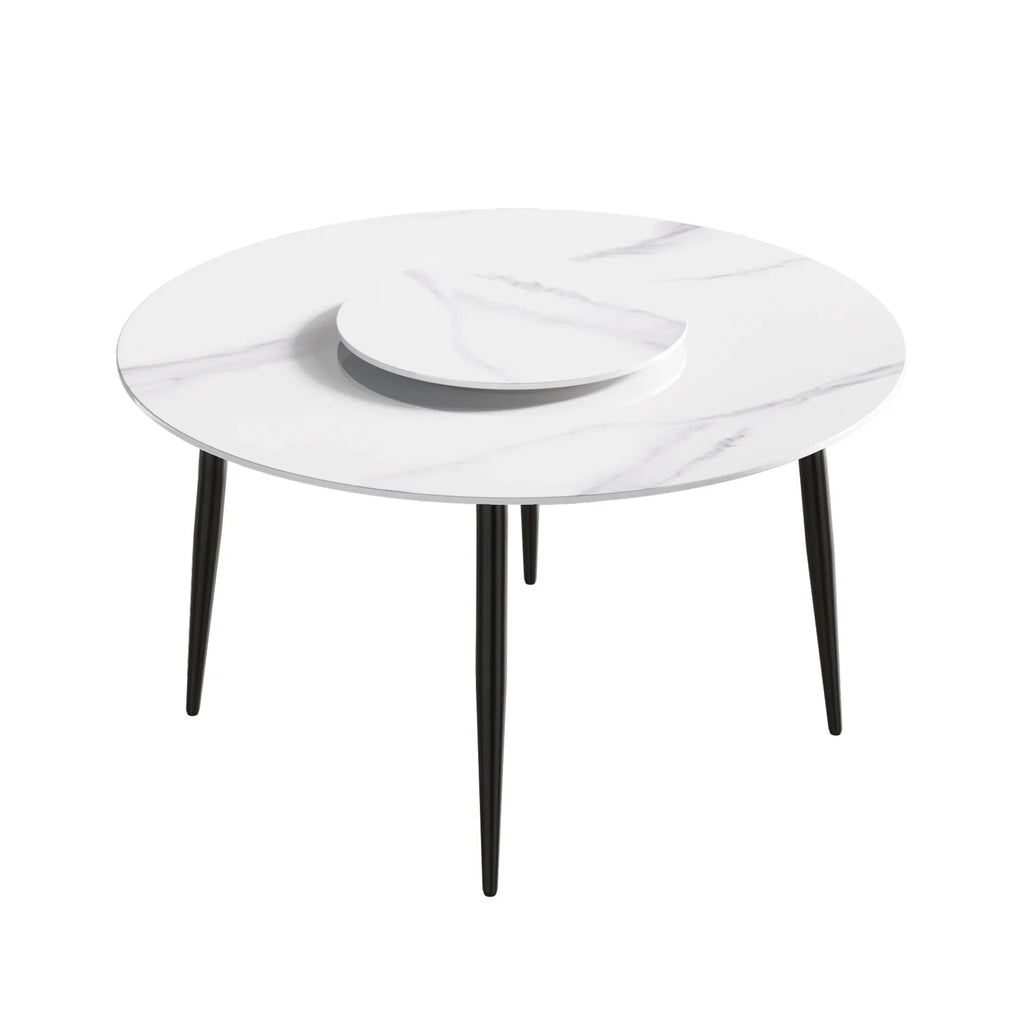 Table de salle à manger Marbella en pierre frittée | Ronde, 53 cm, blanc brillant, avec piètement en métal et plateau tournant