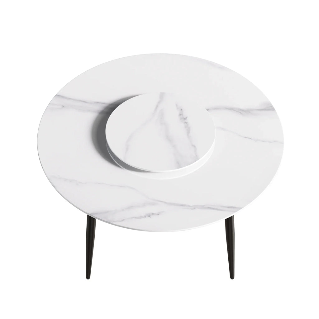 Table de salle à manger Marbella en pierre frittée | Ronde, 53 cm, blanc brillant, avec piètement en métal et plateau tournant