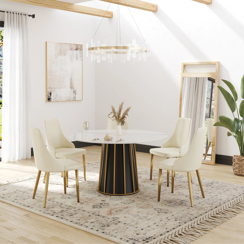 Table de salle à manger Marbella en pierre frittée | Ronde 53 cm, blanc brillant, avec piètement en métal