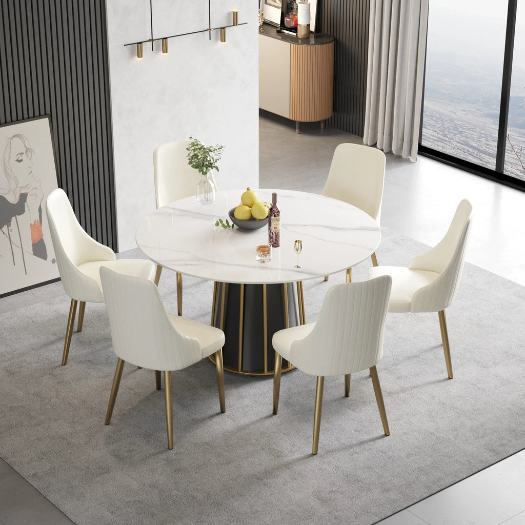 Table de salle à manger Marbella en pierre frittée | Ronde 53 cm, blanc brillant, avec piètement en métal