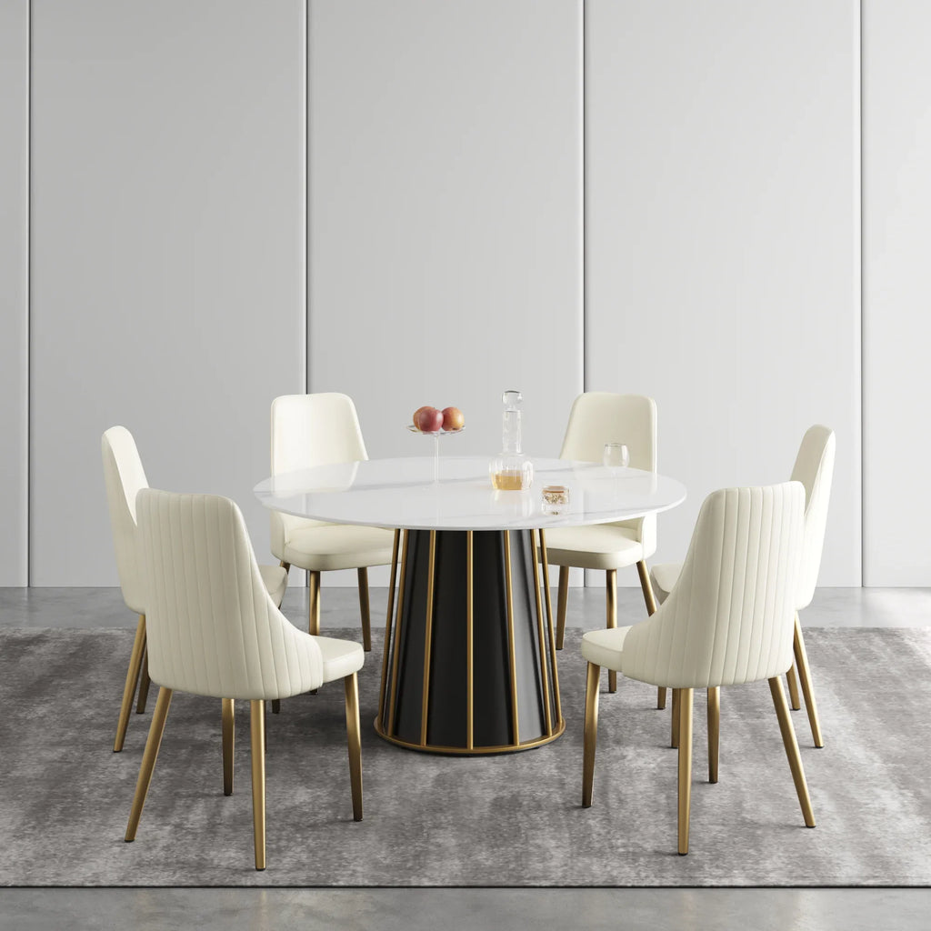 Table de salle à manger Marbella en pierre frittée | Ronde 53 cm, blanc brillant, avec piètement en métal