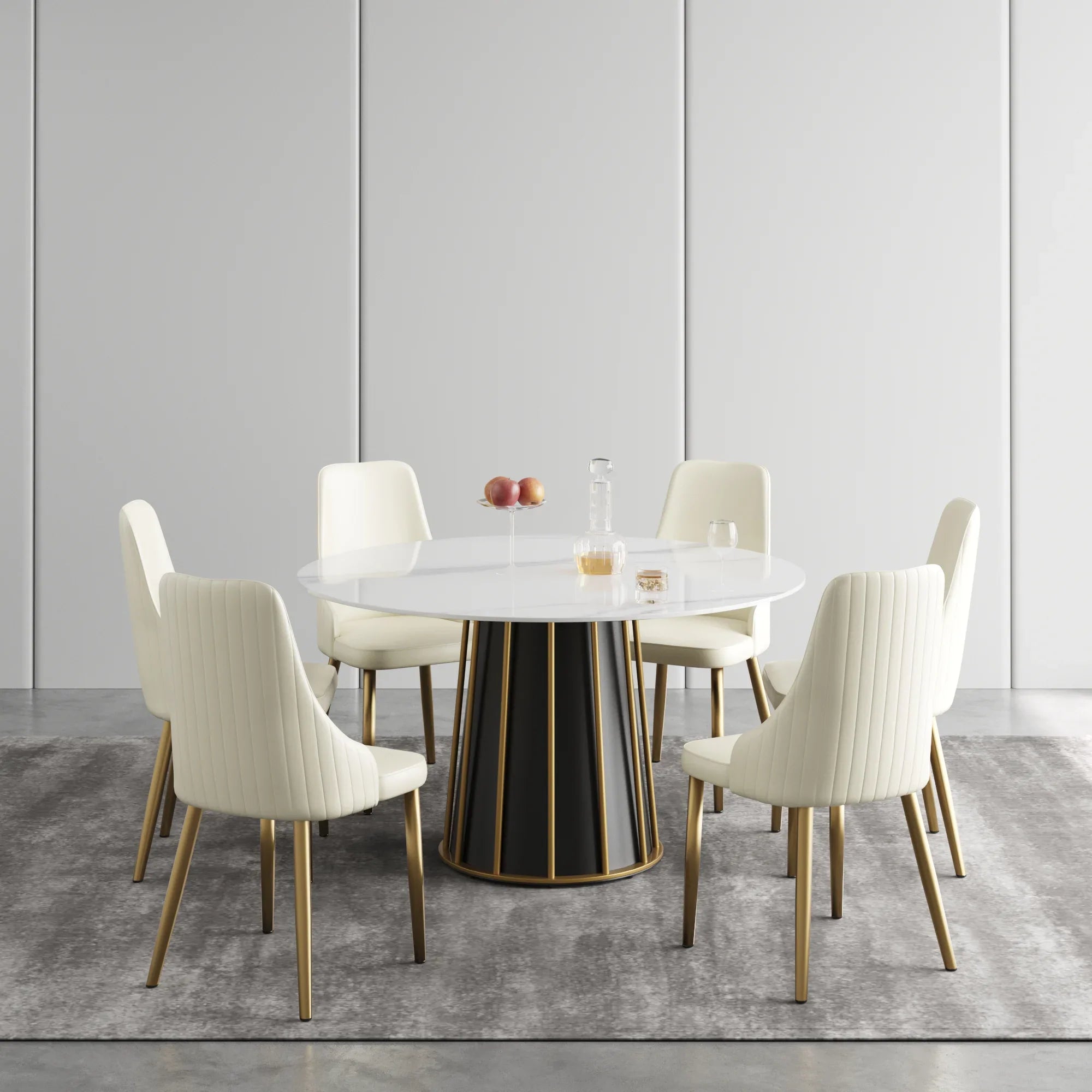 Table de salle à manger Marbella en pierre frittée | Ronde 53 cm, blanc brillant, avec piètement en métal