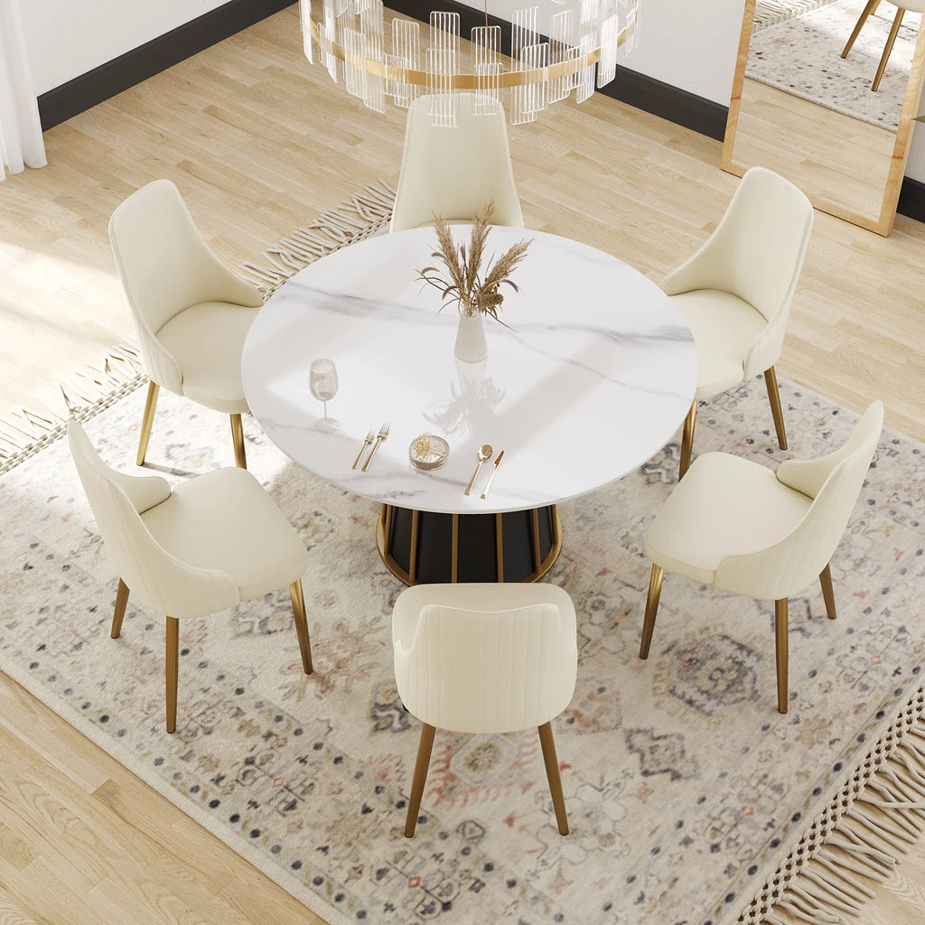 Table de salle à manger Marbella en pierre frittée | Ronde 53 cm, blanc brillant, avec piètement en métal